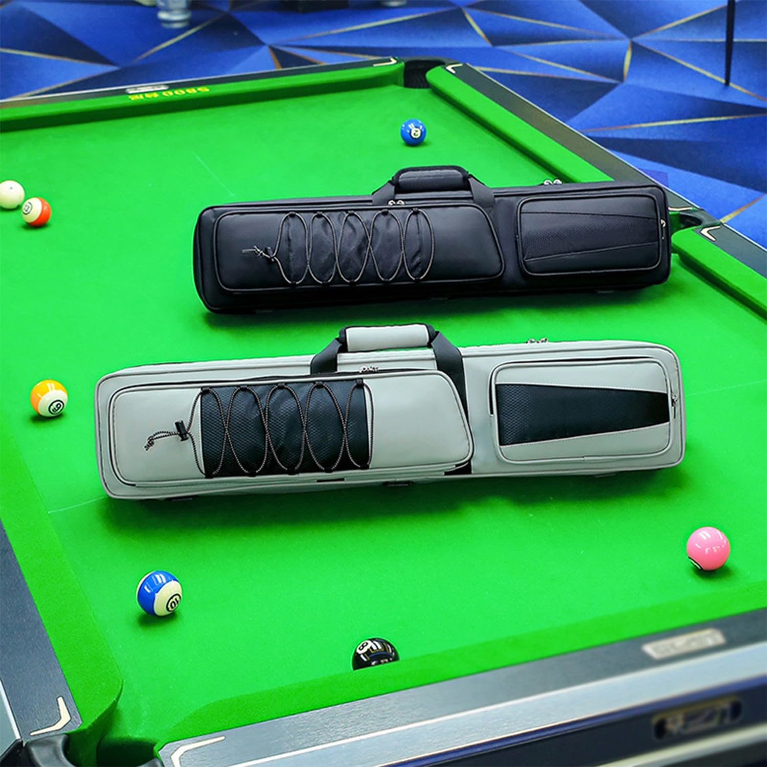 Etui na kije basenowe, torba z wieloma kieszeniami pomieści 4 wypustki i 5 trzonków, z uchwytem i paskiem na ramię, idealna na bilard i snooker, kieszenie na akcesoria w zestawie
