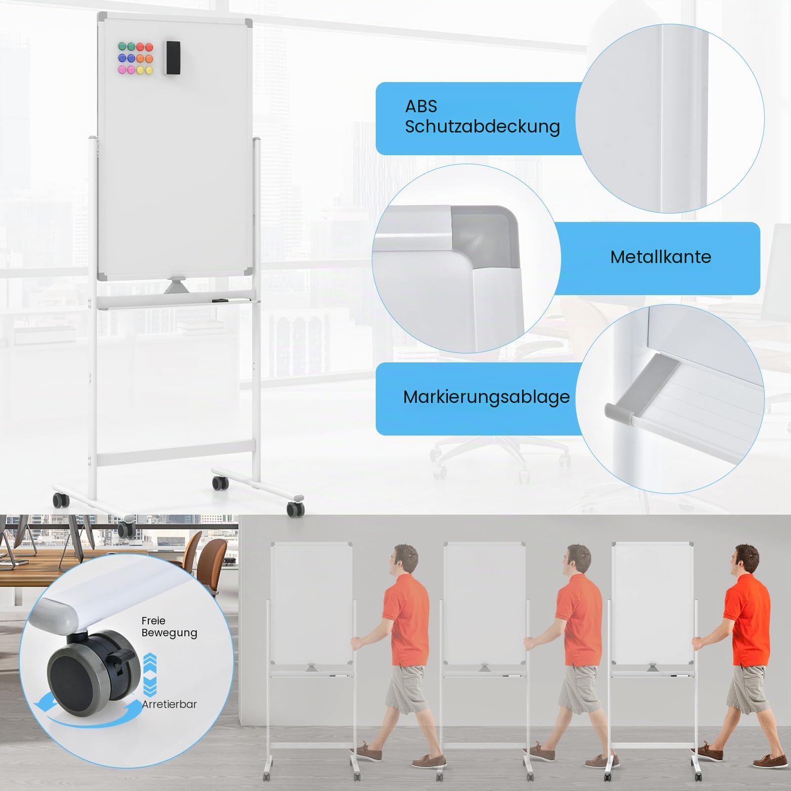 GIANTEX Doppelseitiges Mobiles Whiteboard, 60 x 90 cm, magnetisches Whiteboard höhenverstellbar mit Rollen & Ständer, Magnettafel mit Stiftablage, inkl. Zubehör, Trocken abwischbar (Weiß)