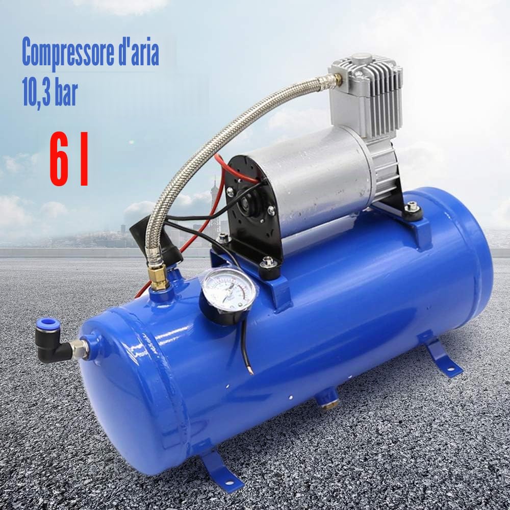 Compressore 6L 12V 150 PSI Compressore ad aria per pneumatici di veicoli, palline, barche, con accessori completi, interruttore automatico