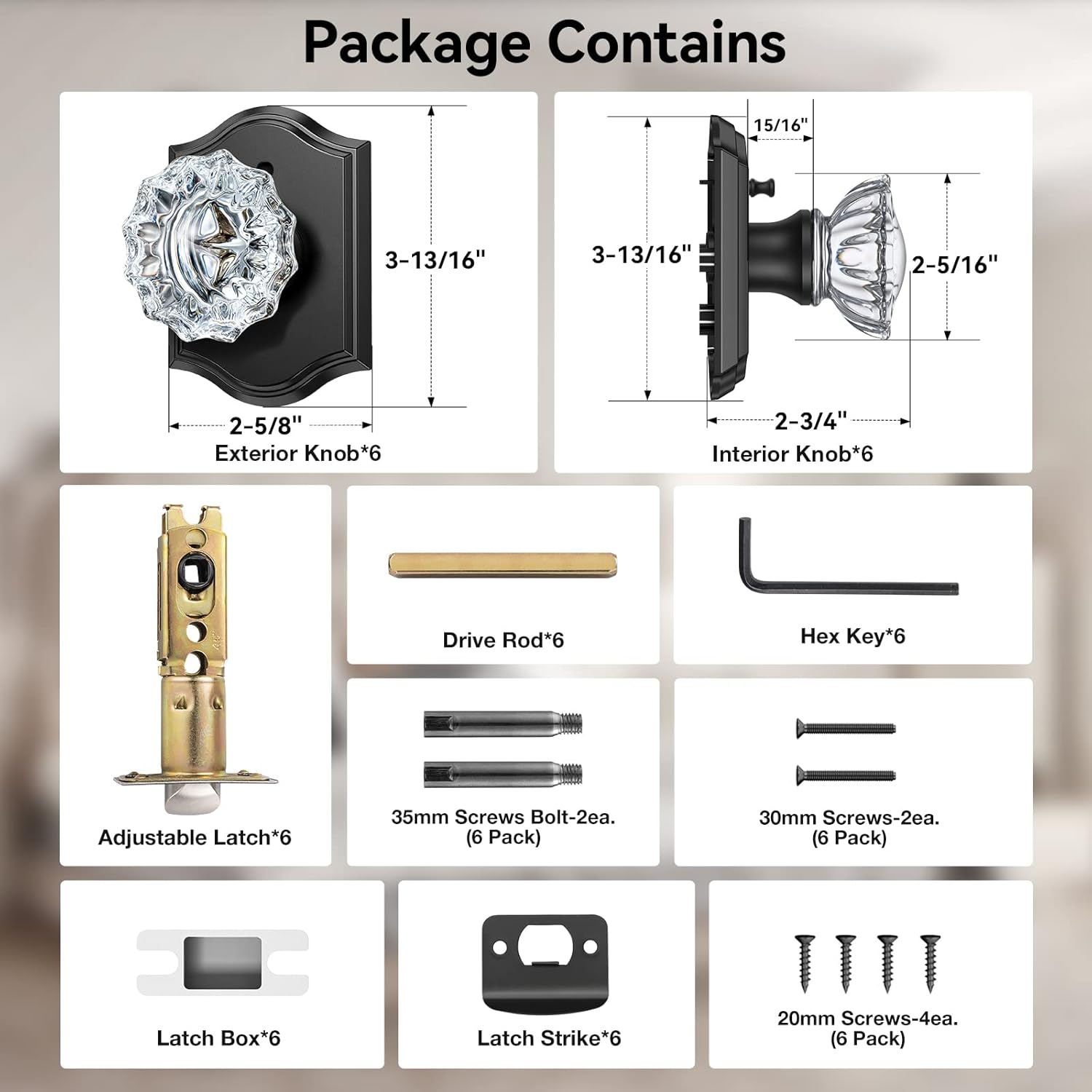 Glass Door Knobs Interior, 6 Pack Crystal Door Knobs with Lock for Privacy Use, Black Glass Door Knobs for Interior Bedroom Bathroom, Vintage Glass Crystal Door Knob Set