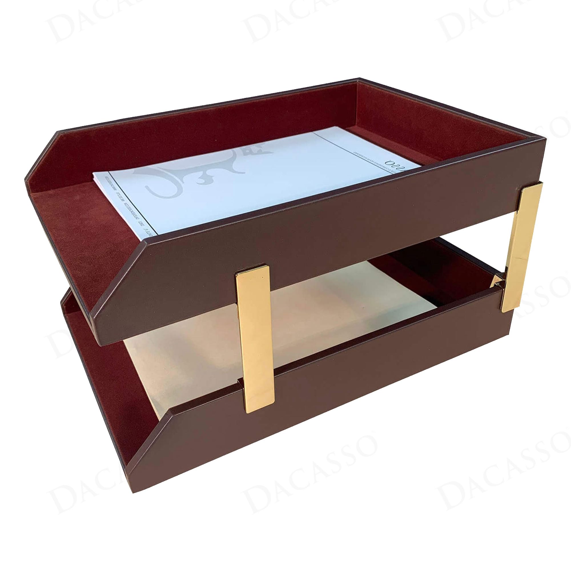 DACASSO Chocolate Brown Leather Front-Load Double Legal Size Letter Tray Set w/Gold Stacking Posts - Luxury Executive Decor and Office Essential - Desk Surface Protector