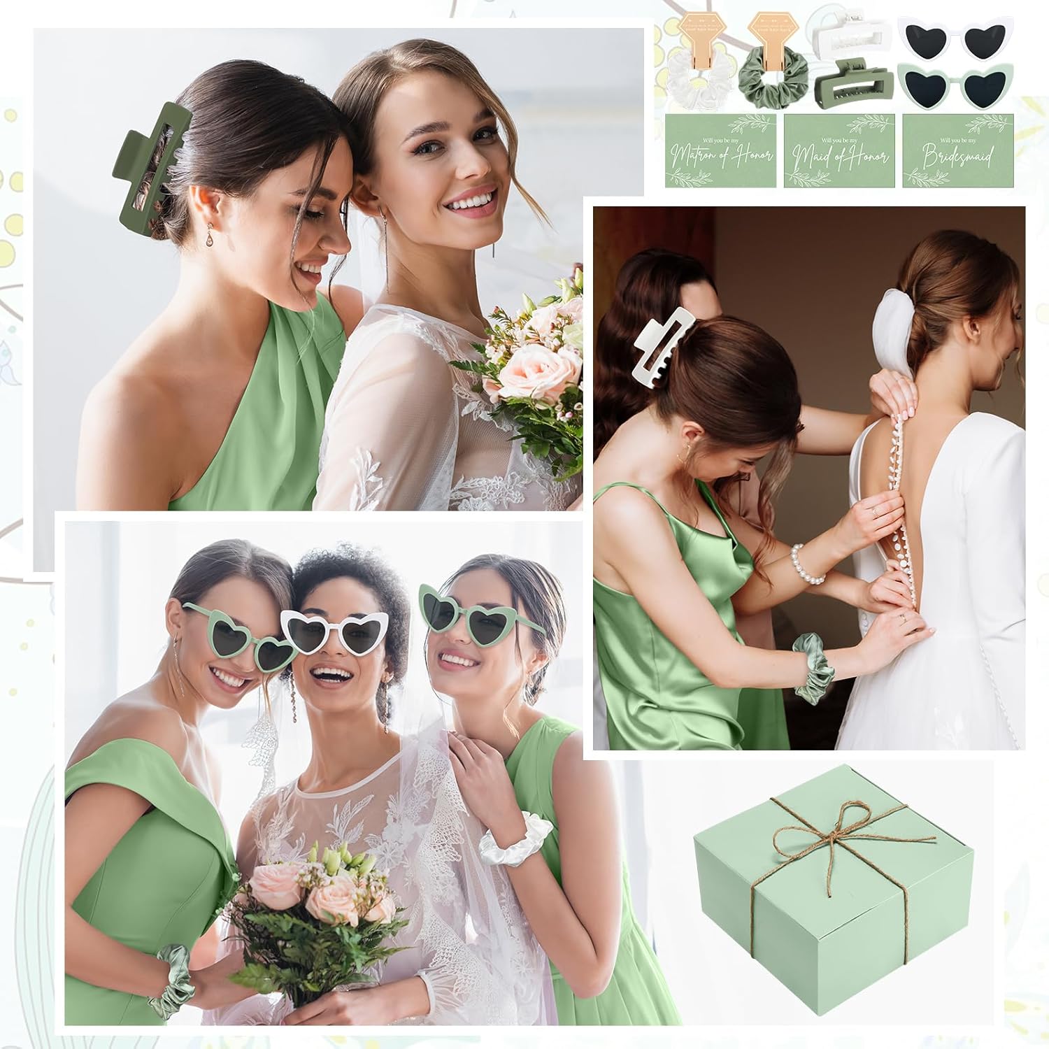 Geiserailie 40 Pcs 8 Set Bridesmaid Proposal Gifts Will You Be My Bridesmaid 4.1in Square Hair Claws Heart Sunglasses(Green)
