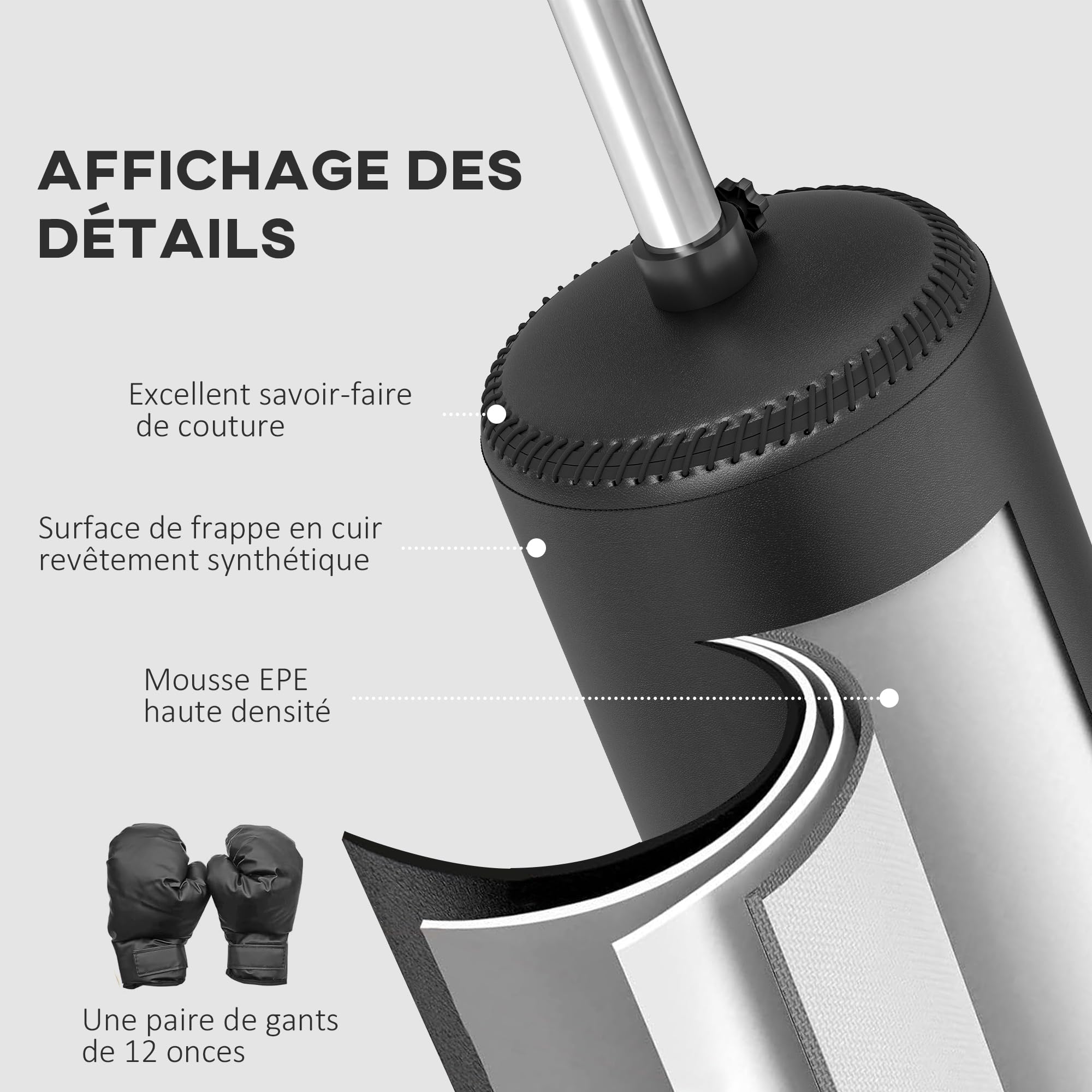 HOMCOM Sac de Frappe sur Pieds Punching Ball brunier 3 en 1 avec Ballon de Vitesse Bras Flexible Rotatif Hauteur réglable revêtement synthétique Base HDPE dim. 88L x 48l x 155-205H cm