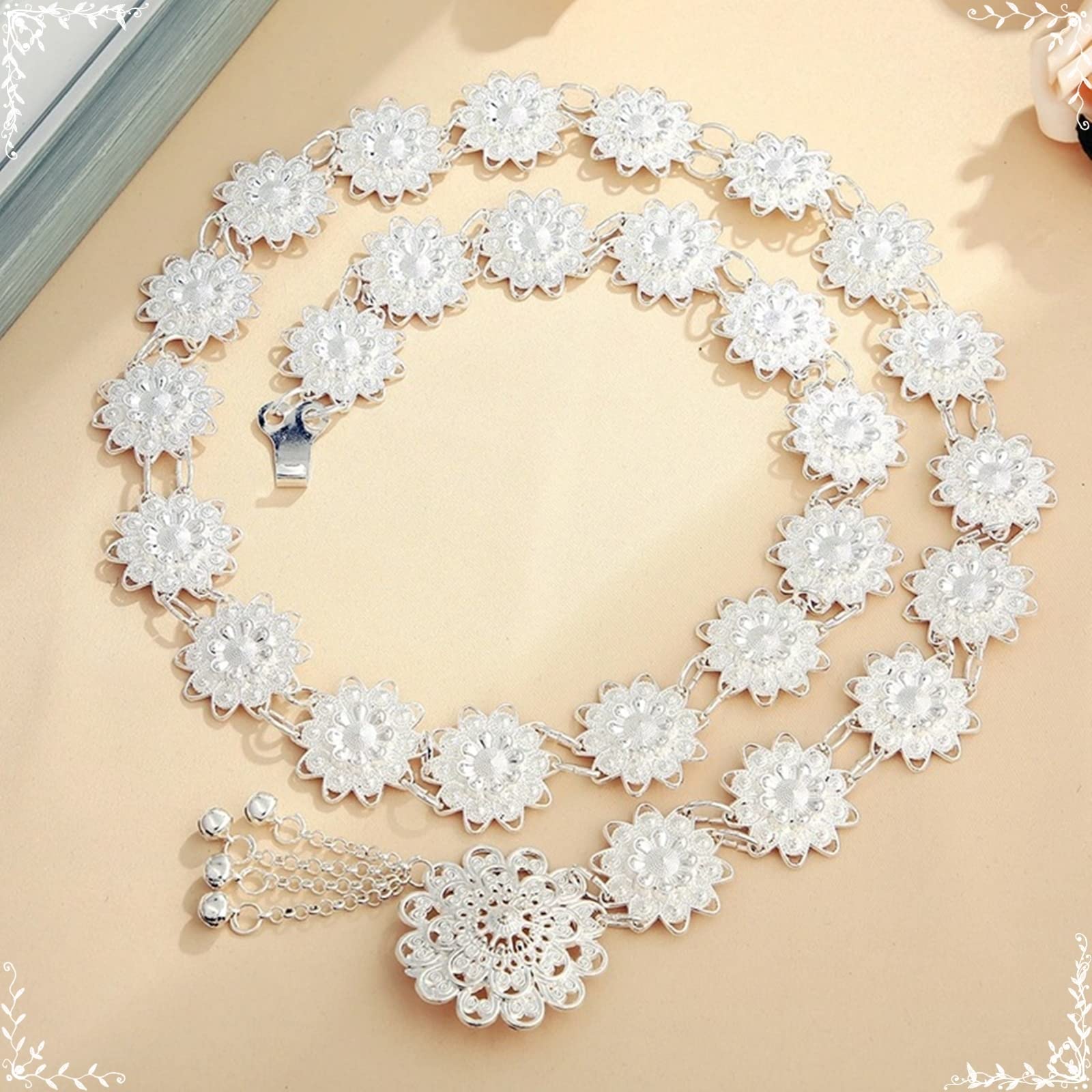 Cinture a Catena di Fiori Occidentali per Le Donne, Cintura in Vita Calda Catena in Vita a Fiore Placcato Argento 42 Pollici (106 cm) Accessori per Gioielli per Il Corpo