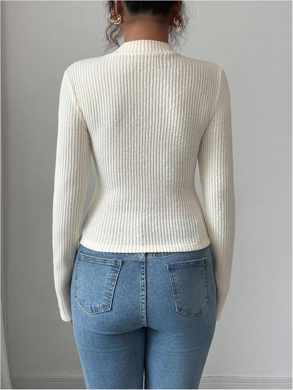 MakeMeChic Women's Business Casual Tops Mock Neck Cute Long Sleeve Tops Metal Decor Fitted Fall Clothes Apricot Medium - Image 2