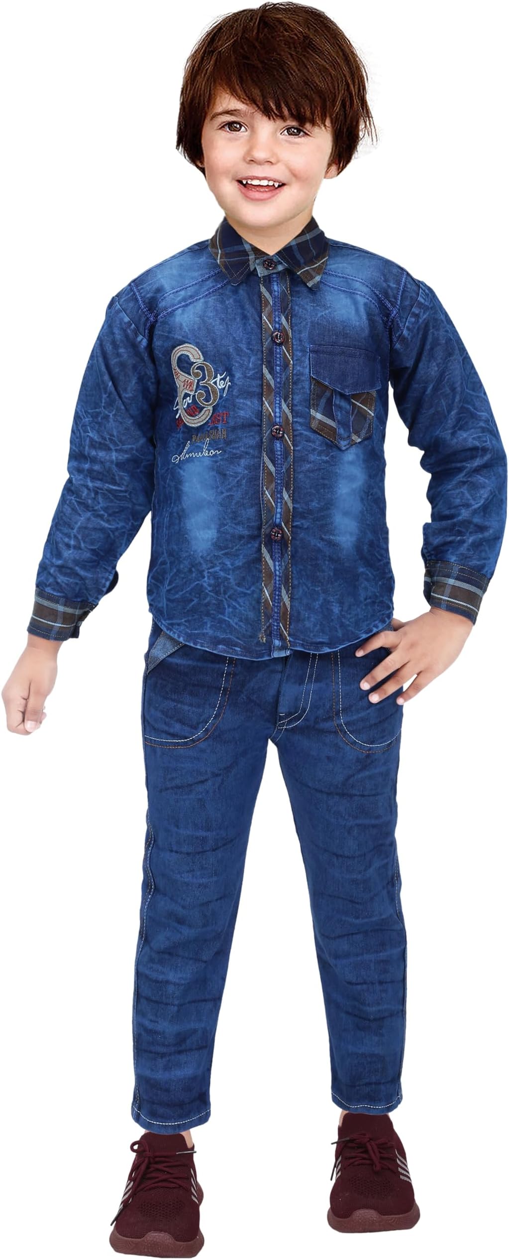 N.FASHION AFIYA Denim Casual Checkered Full Sleeves Shirt and Pant Set for Boys (Blue, 4-5 Years)