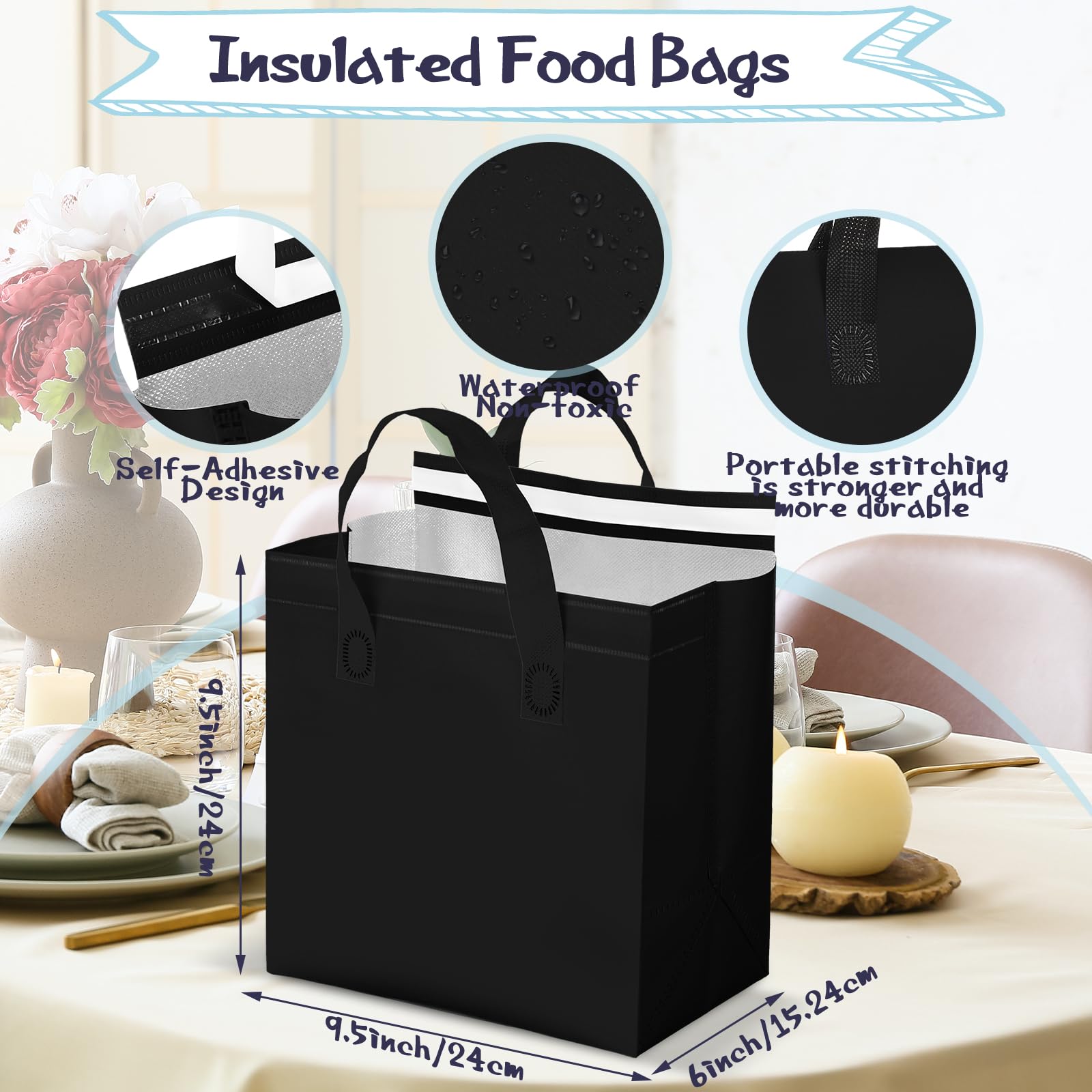 Kacctyen 100 Pcs Insulated Take Out Bags Bulk 9.5 x 6 x 9.5 in Thermal Insulation Food Bag for Coffee, Milk Tea, Hot Cold Food, Delivery Cooler Bag for Catering Restaurant Grocery Picnic (Black)