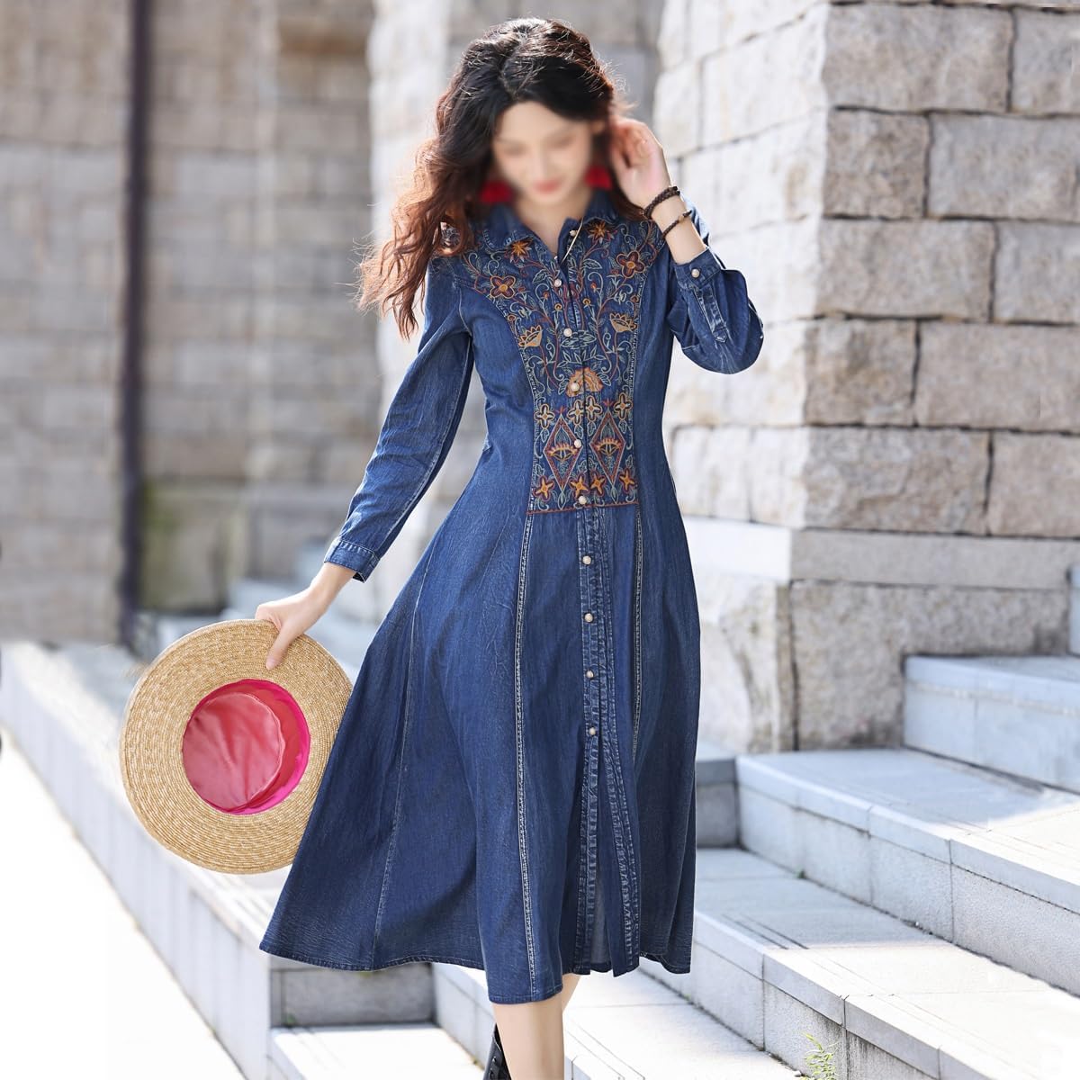 JSEIAJB Autumn Heavy Industry Embroidered Cardigan Dress Vintage Flip Collar Slim Denim Cardigan A-line Dress(XXX-Large)