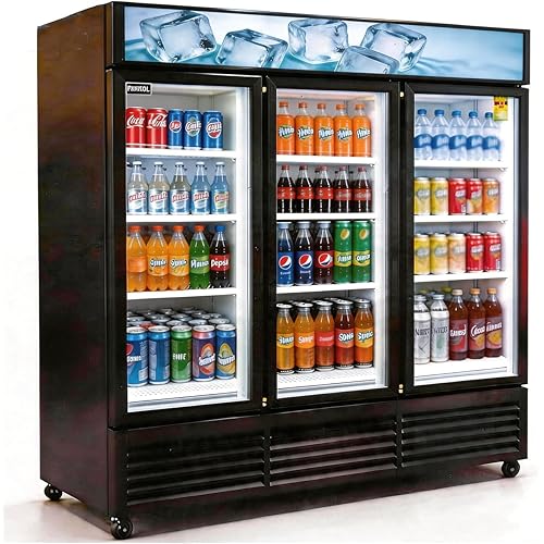 71” Wide Commercial Beverage Refrigerator Display Fridge, Three Glass Door Merchandiser Drink Cooler With LED Light 9 Adjustable Shelves,ETL Sanitation,63.5 Cu Ft,BLACK,Wheels Included