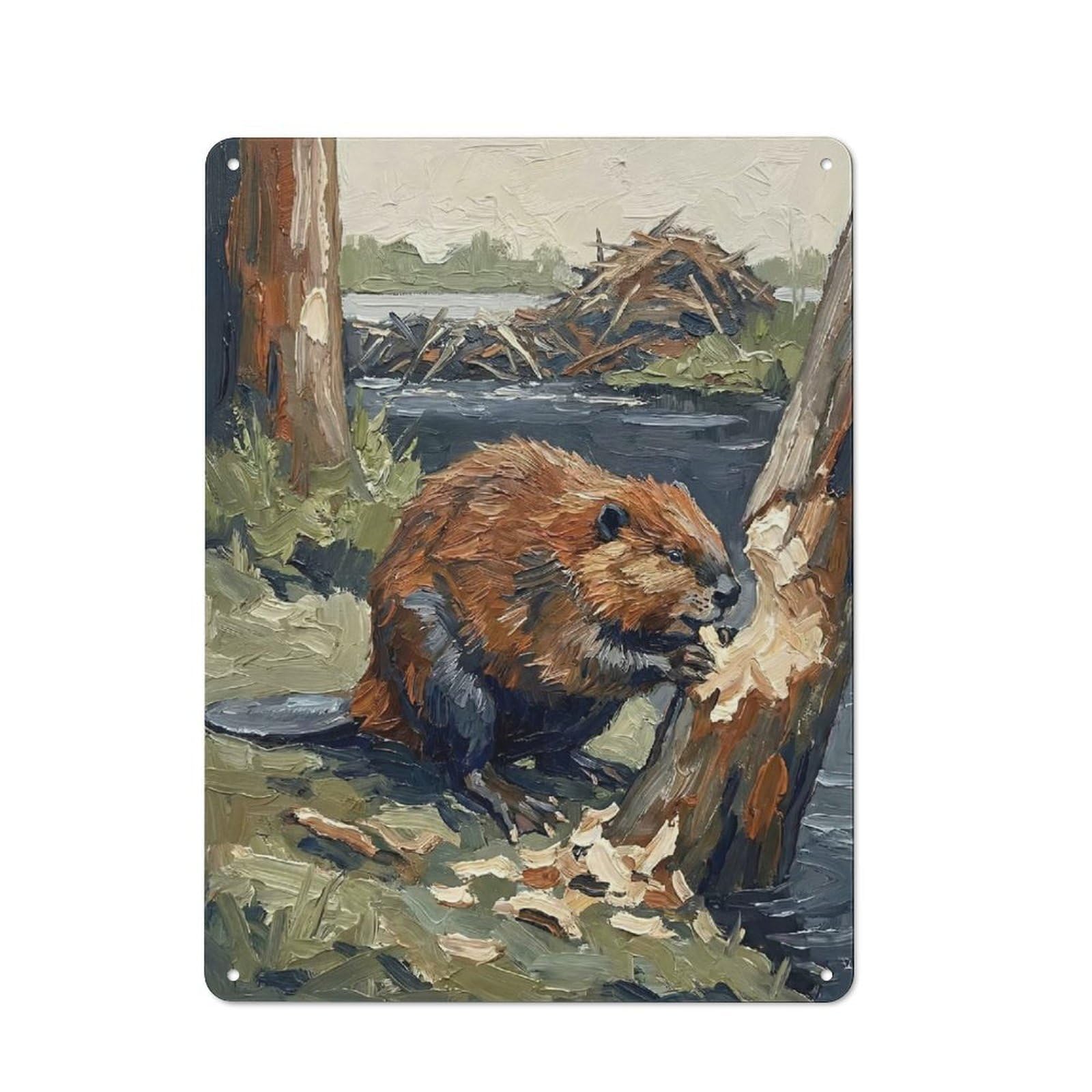Junmoney Style-14 Beaver Gnawing On A Tree Trunk Vintage Metal Wall Decor 40X30cm, Tin Wall Sign For Restaurant, Kitchen, Counter Or Breakfast Nook