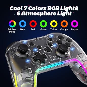 Controller for Switch, Wireless Switch Pro Controller for Switch/Lite/OLED/Windows/iOS/Android, 7 Color Adjustable RGB Lights Switch Remote Gamepad with One Key Wake Up/Adjustable Turbo Vibration