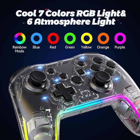Controller for Switch, Wireless Switch Pro Controller for Switch/Lite/OLED/Windows/iOS/Android, 7 Color Adjustable RGB Lights Switch Remote Gamepad with One Key Wake Up/Adjustable Turbo Vibration