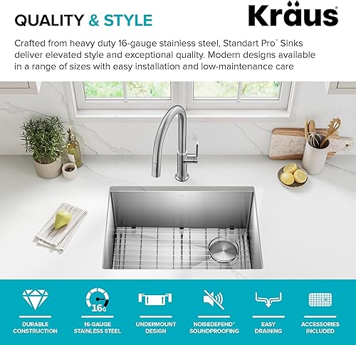 Vista 113 de Kraus KHU101-24L Standart PRO 24-inch Undermount 16 Gauge Single Bowl Laundry and Utility Sink, 24 Inch, Tight Radius