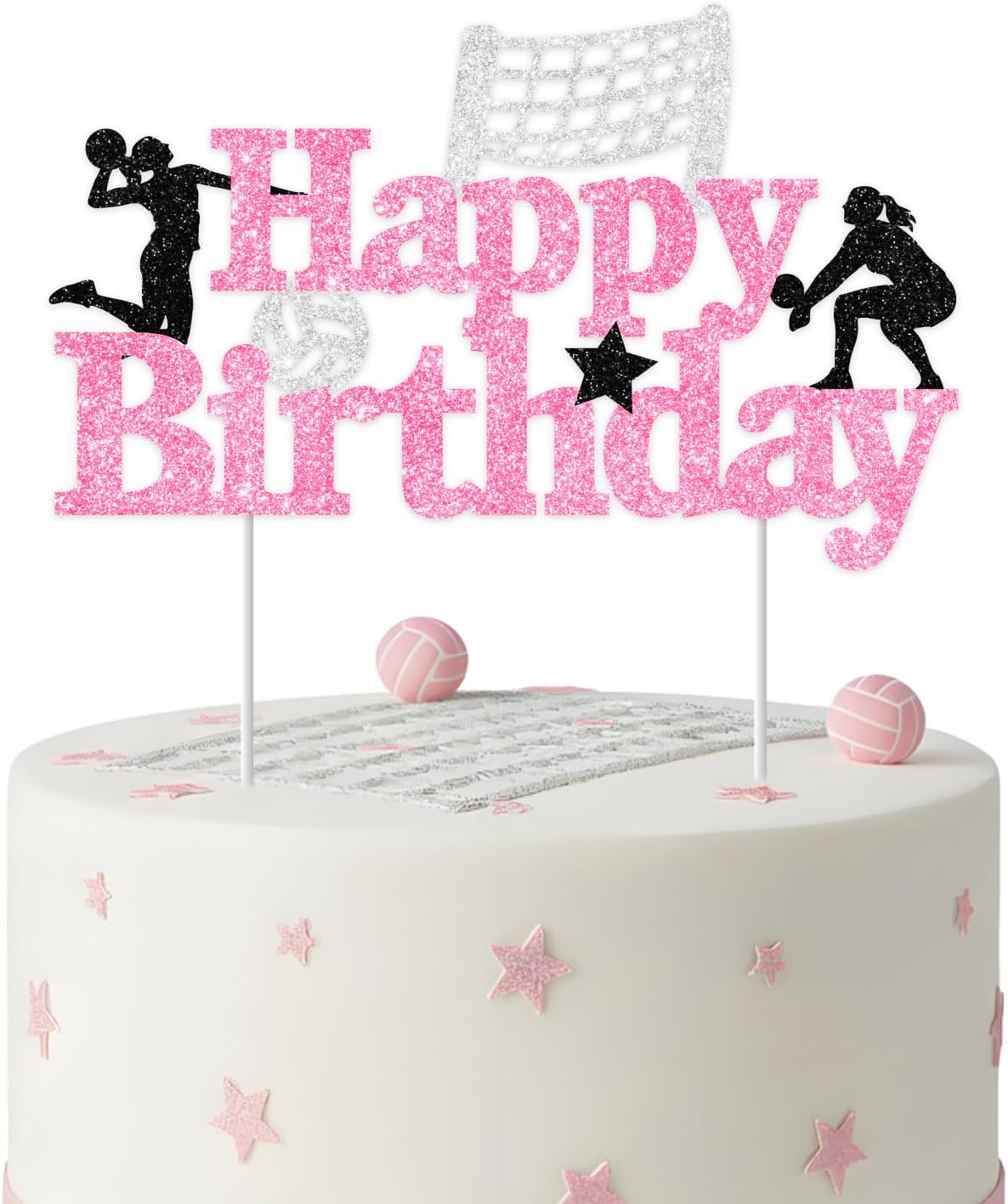 Funmemoir Pink and Black Glitter Volleyball Happy Birthday Cake Topper, 6.1x3.8 Inch Glitter Paper Cake Decor for Pink Sports Theme Party Decorations Volleyball Player Women Girls Birthday