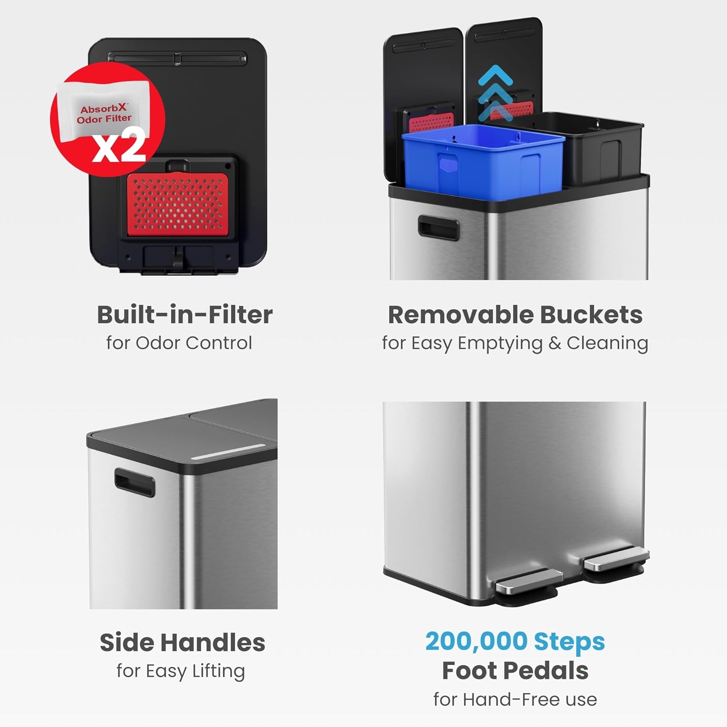 A person stepping on the foot pedal of the iTouchless dual trash can, causing one of the lids to open.