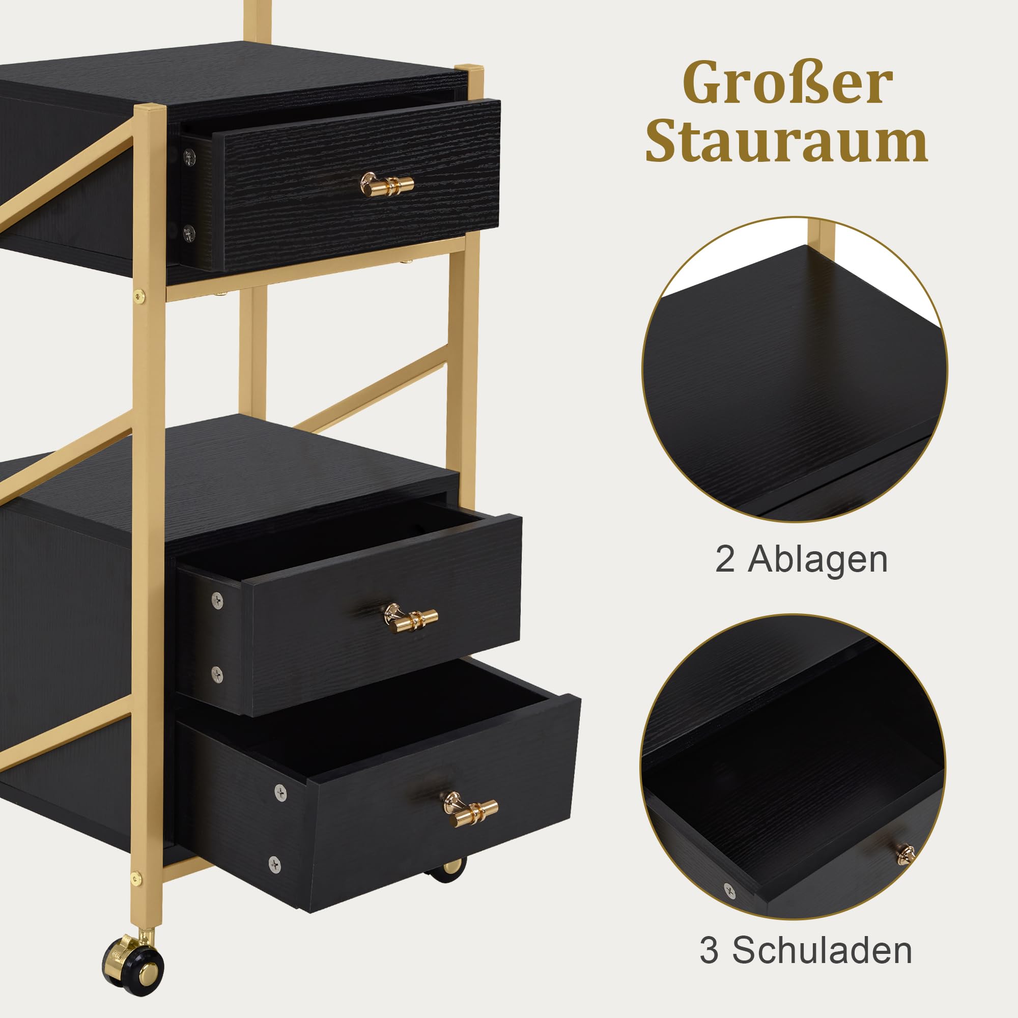 MCombo M Carrello da parrucchiere con ruote e 3 cassetti, carrello da servizio nero e oro, carrello da salone con 2 ripiani, carrello da lavoro per bagno, 30x40x97cm, 0048