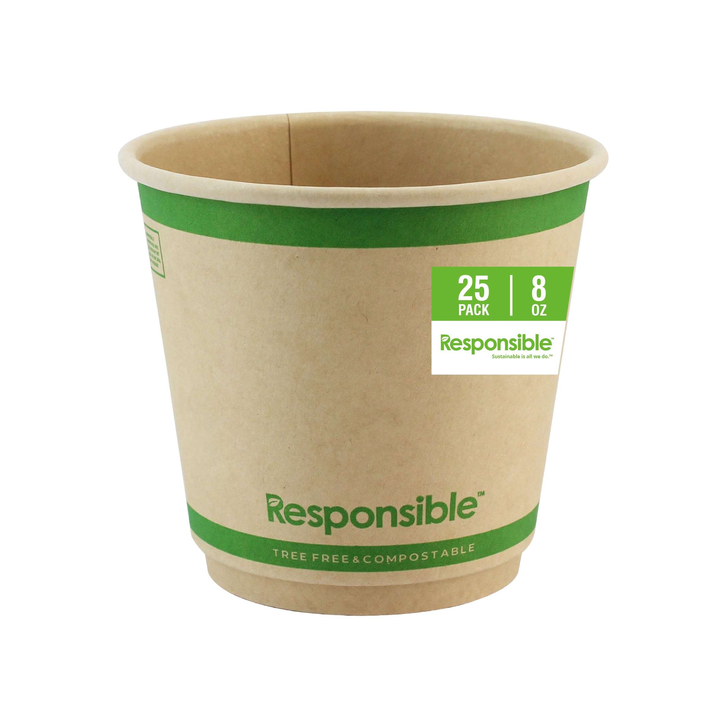 Responsible Products 8 oz Double Wall Insulated Paper Coffee Cups (25 Count) – Smooth Wall Insulated To Go Coffee Cups - Natural Brown, Compostable,