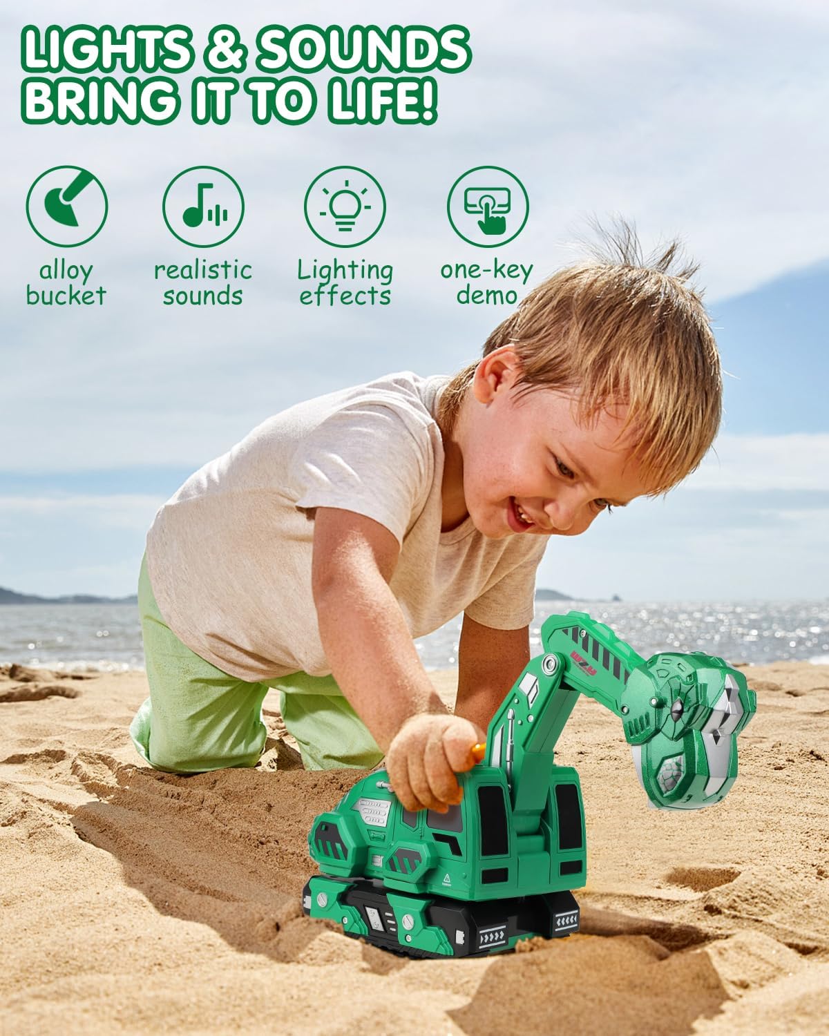Remote Control Excavator Toys for Boys 4-7, Construction Trucks 2.4GHz RC Excavator with Light and Sound, Dinosaur Toys for Kids 3-5, Christmas Birthday Gifts for Kids (Green)