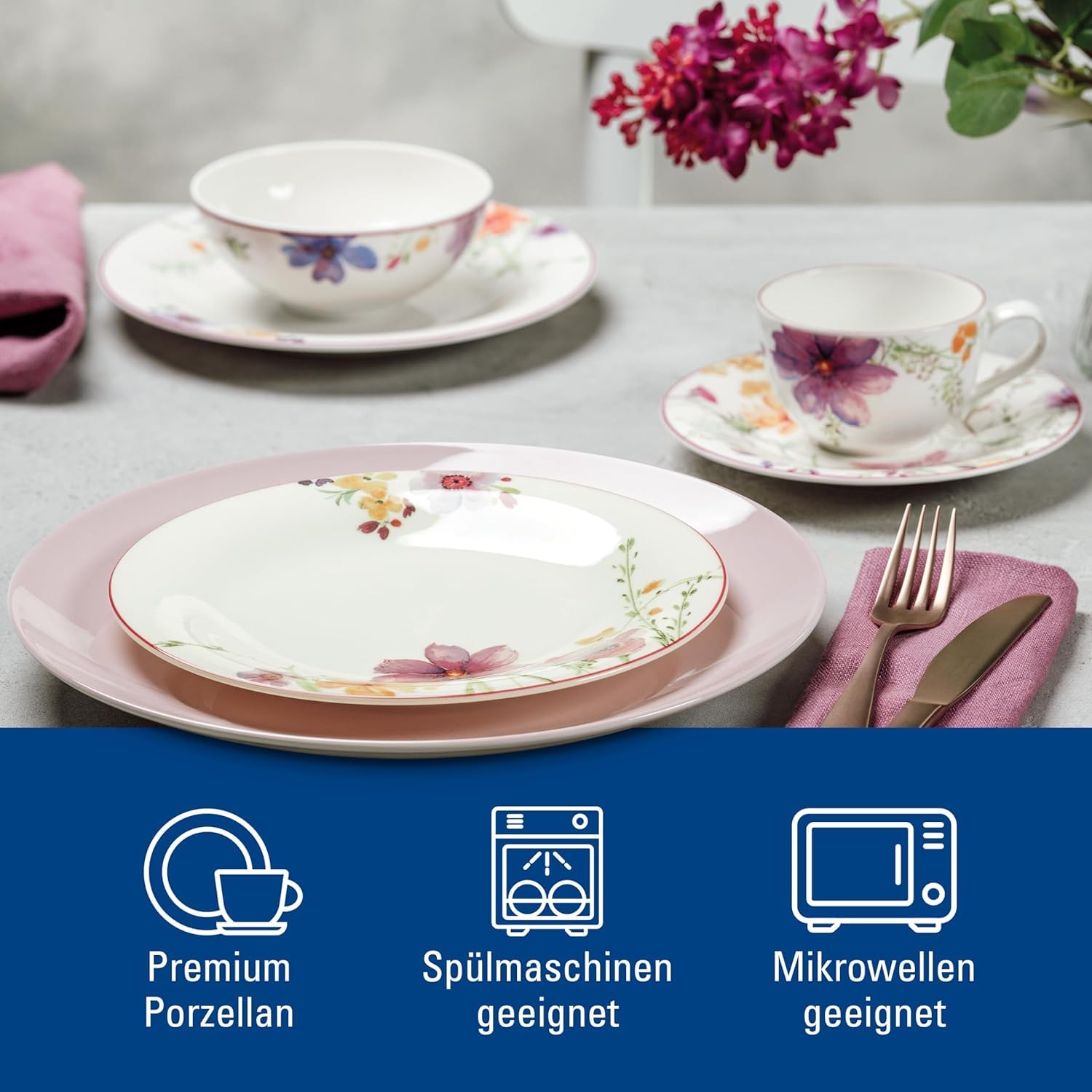 Villeroy & Boch - Mariefleur Basic Frühstücks-Set, 6 tlg., Service mit Landhausflair, Premium Porzellan, spülmaschinen-, mikrowellengeeignet, weiß/bunt