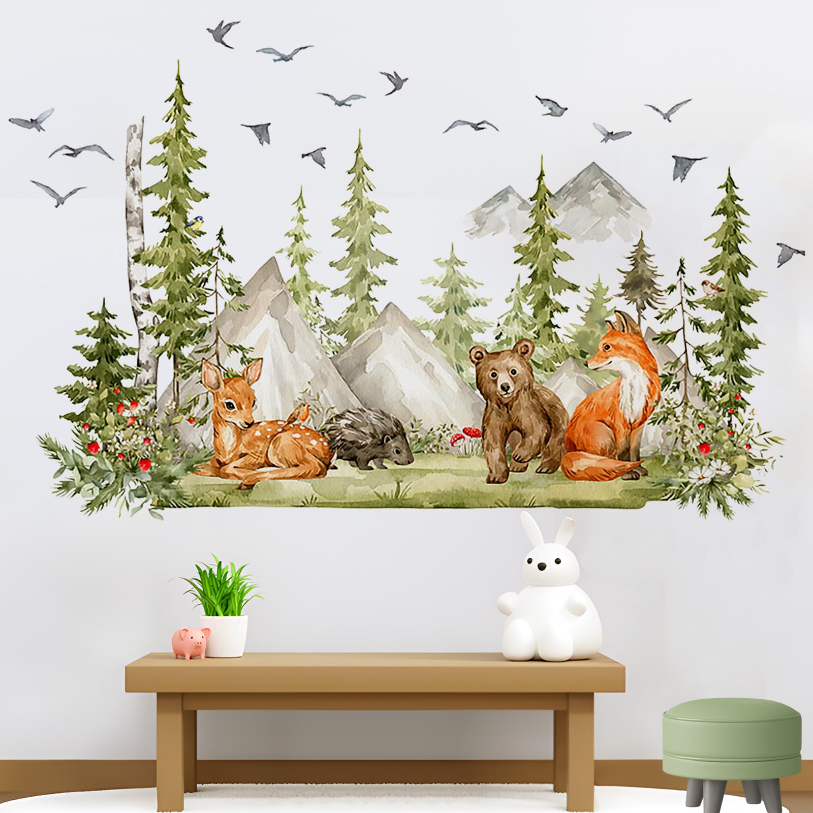 Jungle Animals Wall Decals - 4 Sheets 90x30cm, Easy Peel & Removable, Woodland Theme Nursery & Kids Room Stickers