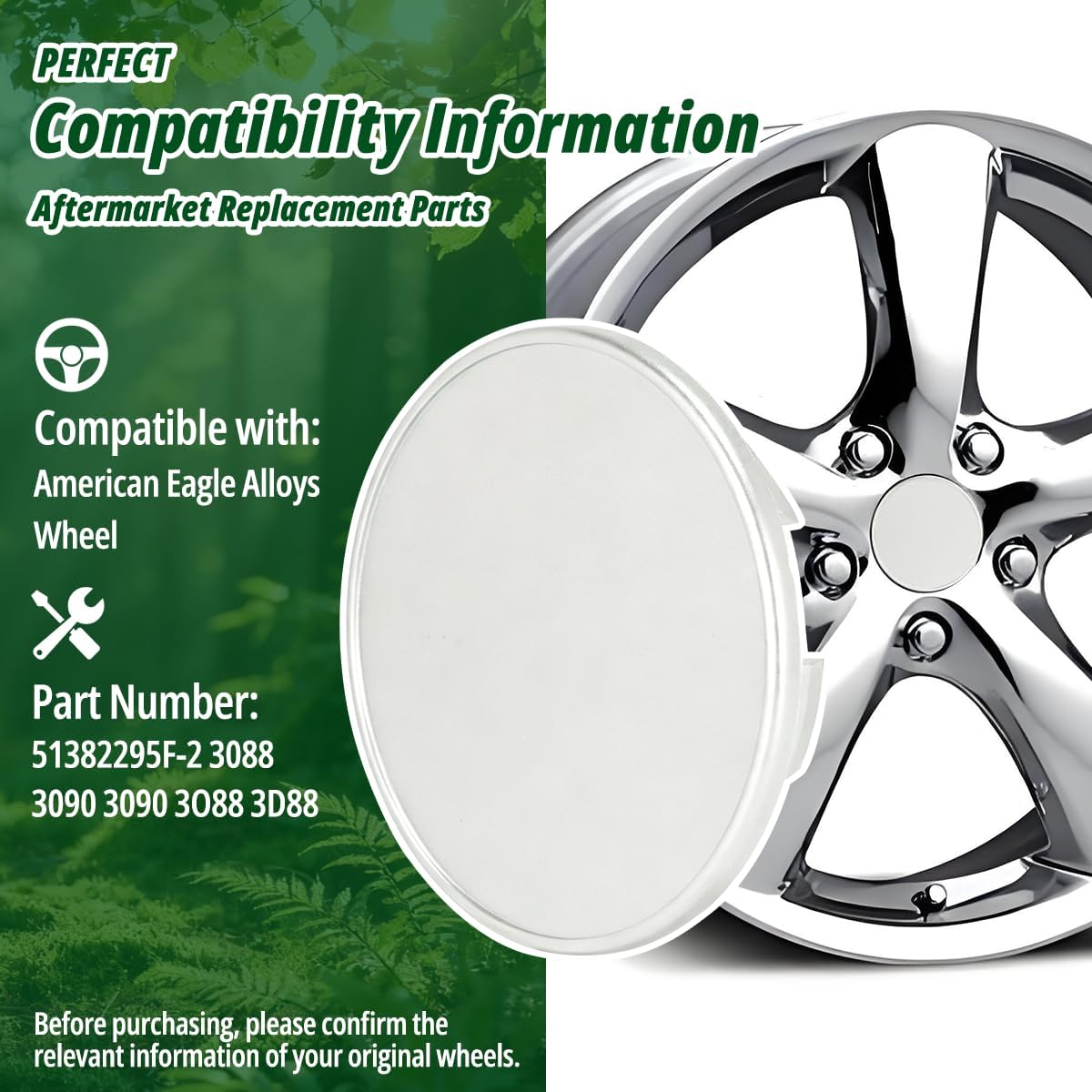 4 Pcs 3" (76.3mm) Wheel Center Caps for American Eagle Alloys- ABS Plastic Snap-On Hub Covers (Fits 2.34"/59.5mm Center Bore) - 51382295F-2 3088/3090 3090 3O88 3D88, Silver