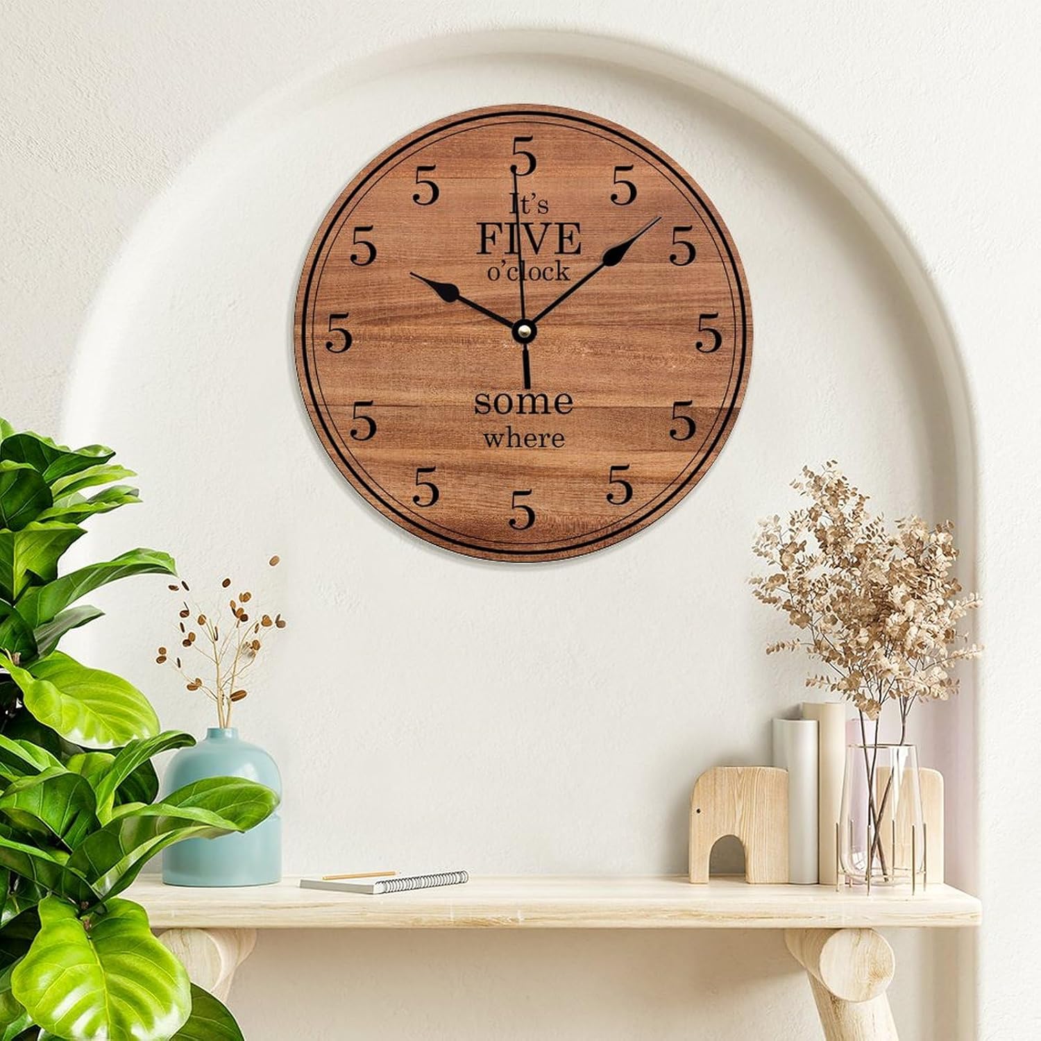 It's Five O'clock Wall Clock 15x15 Inches Farmhouse Kitchen Decor Gifts Farmhouse PVC Wall Clocks Quartz Movement Retro Wall Hanging PVC Clock for Living Room School Kids Room
