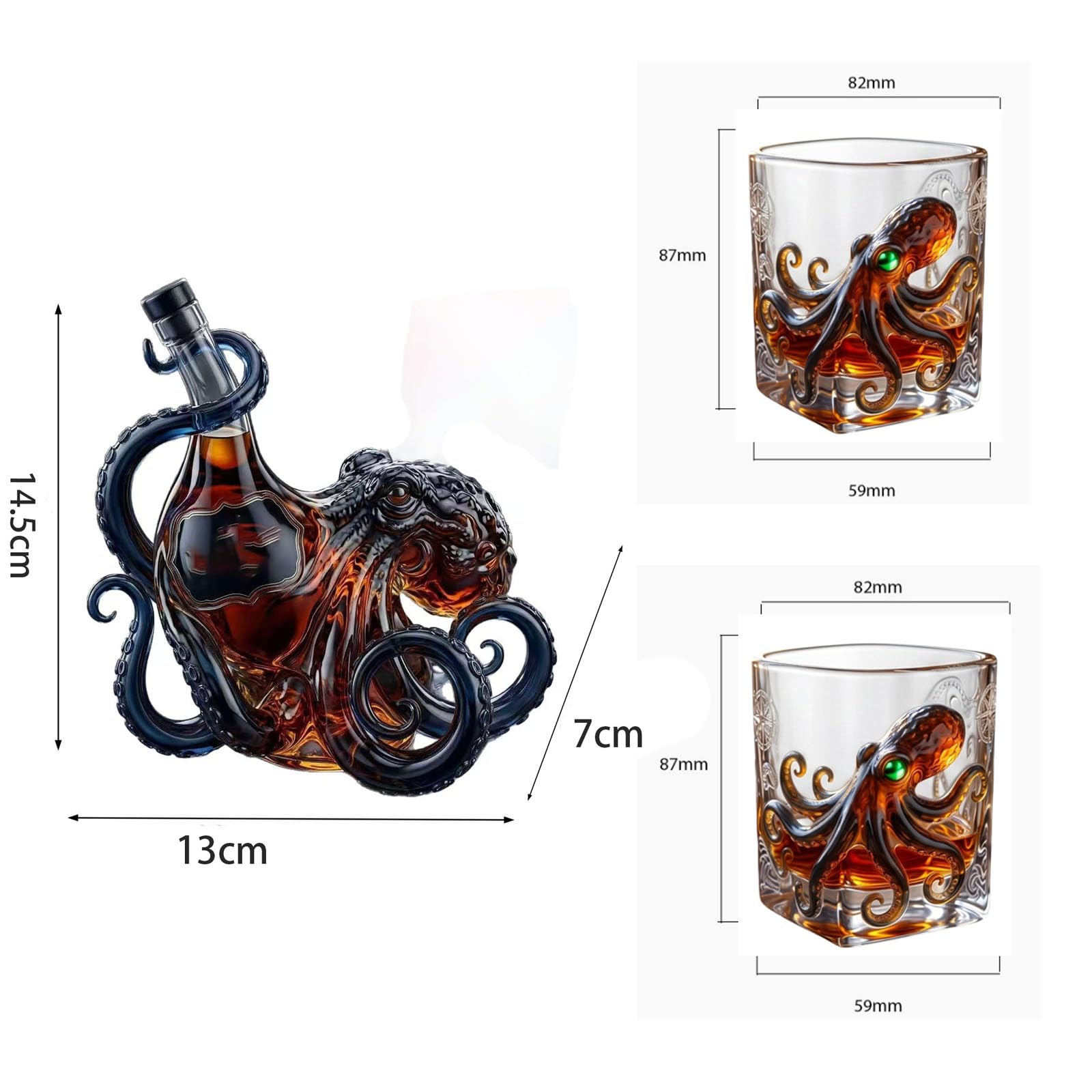 Juego de whisky con forma de pulpo en 3D | Decantador + 2 vasos | Perfecto para whisky, ron, bourbon o cócteles; un regalo único para hombres, aficionados a los bares y coleccionistas.