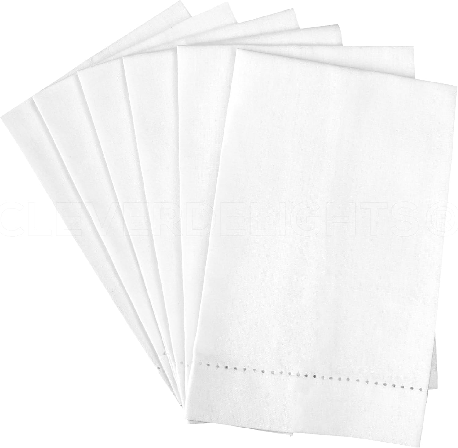 CleverDelights Heavyweight White Hemstitched Fingertip Towels - 6 Pack - 14" x 22" - 70/30 Cotton Linen Blend - Dot Hemstitch Tea Towel