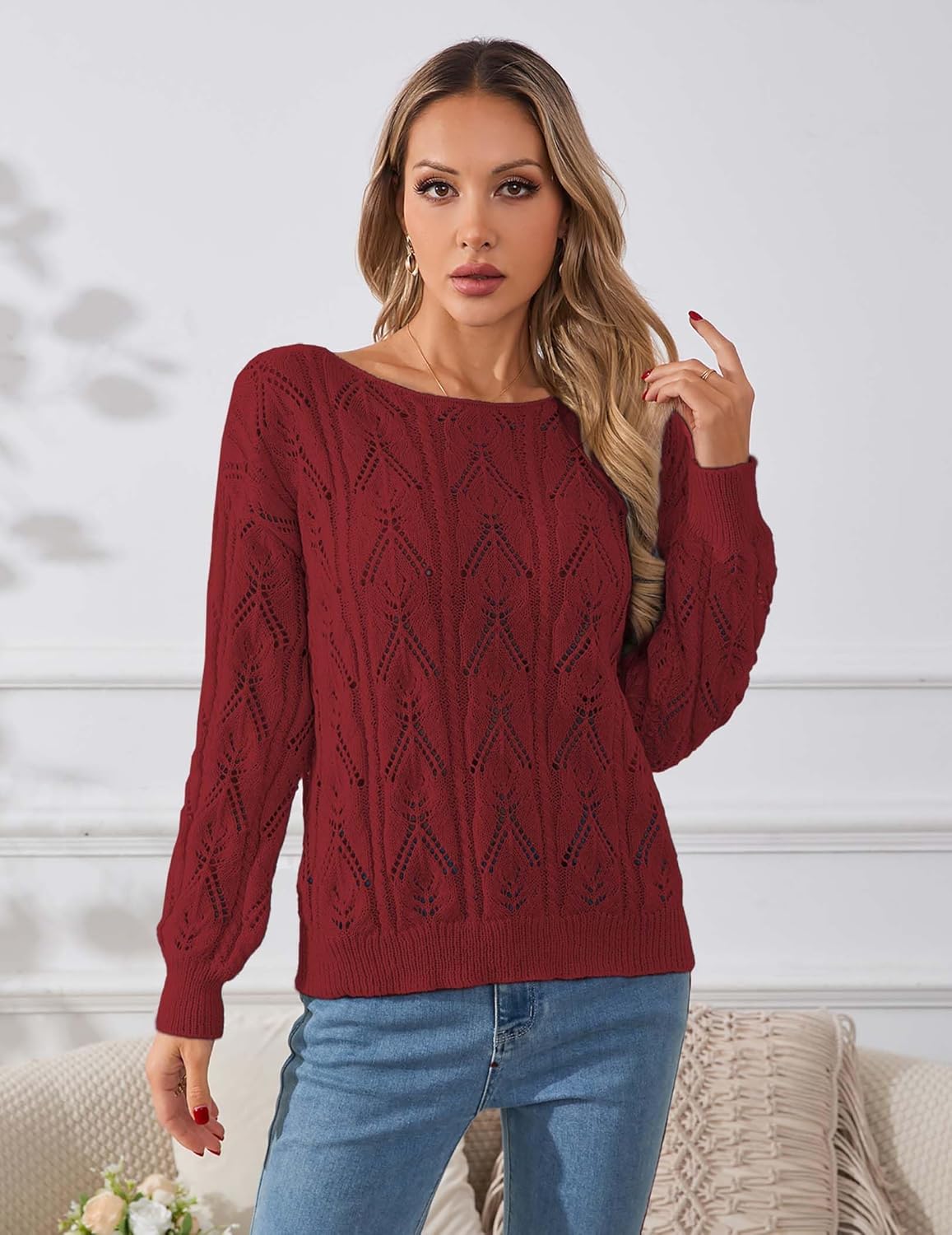 Womens Cute Sexy Off The Shoulder Crochet Knit Sweater Fall Winter 2025 Trendy Lightweight Boat Neck Pullover Top - Image 5