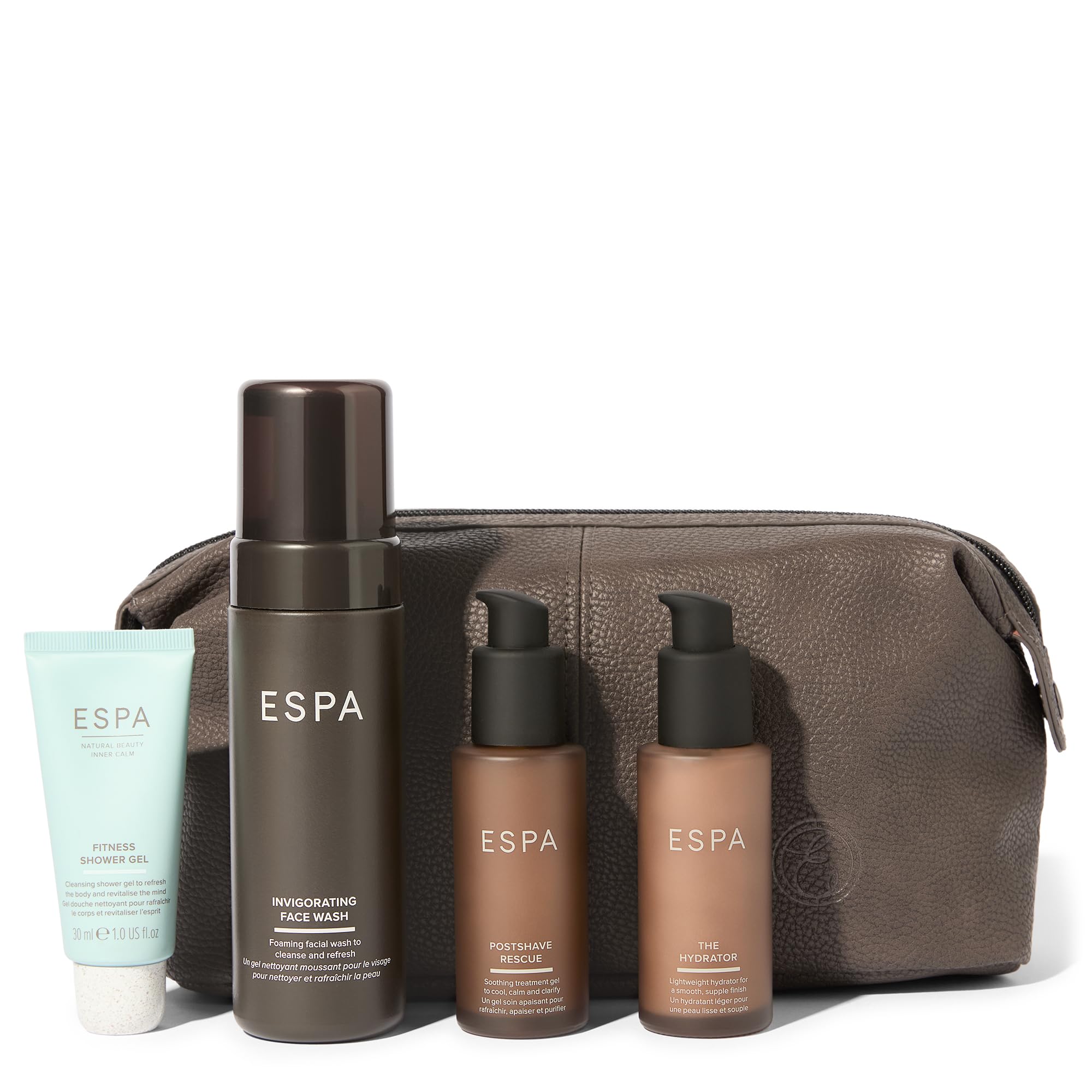 ESPA Men's Grooming Collection Gift Set | Skincare & Body Care for Him with Face Wash, Fitness Shower Gel, Hydrator & Postshave Rescue | Worth £91 with 3 Full Size Products and Brown Reusable Bag