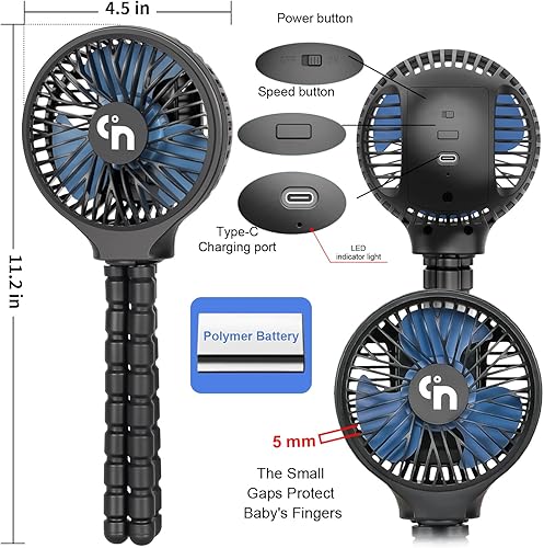 Vista 9 de WiHoo - Ventilador portátil para cochecito de mano, ventilador de bebé portátil con trípode flexible para cochecito/cama de estudiante/bicicleta