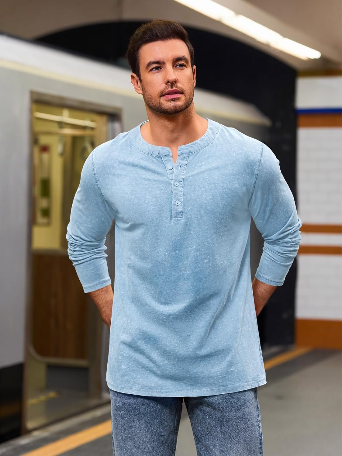 Yousify Mens Henley Shirt Long Sleeve Casual Cotton Basic T Shirts Button Washed Retro Lightweight Tee Tops - Image 2
