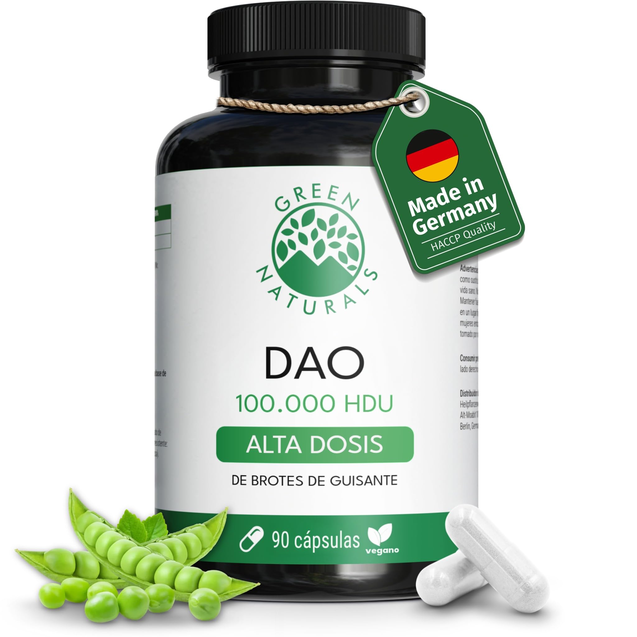 Green Naturals® DAO Vegano – Alta dosis 300.000 HDU por dosis diaria – Cápsulas gastro-resistentes – Enzima DAO natural a partir de brotes de guisante – 100 mg por cápsula – 90 cápsulas