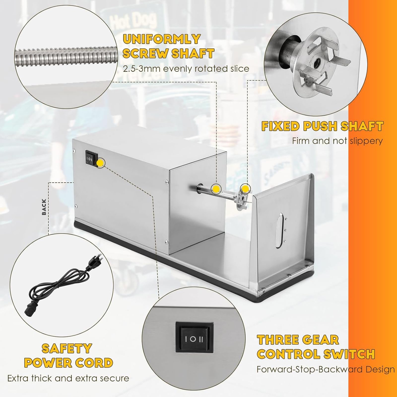 Espiralizador de Verduras de Acero Inoxidable de 50 W, Cortador Eléctrico en Espiral de Patatas, Base Antideslizante, Cortador de Patatas Retorcidas para el Hogar y Comercial