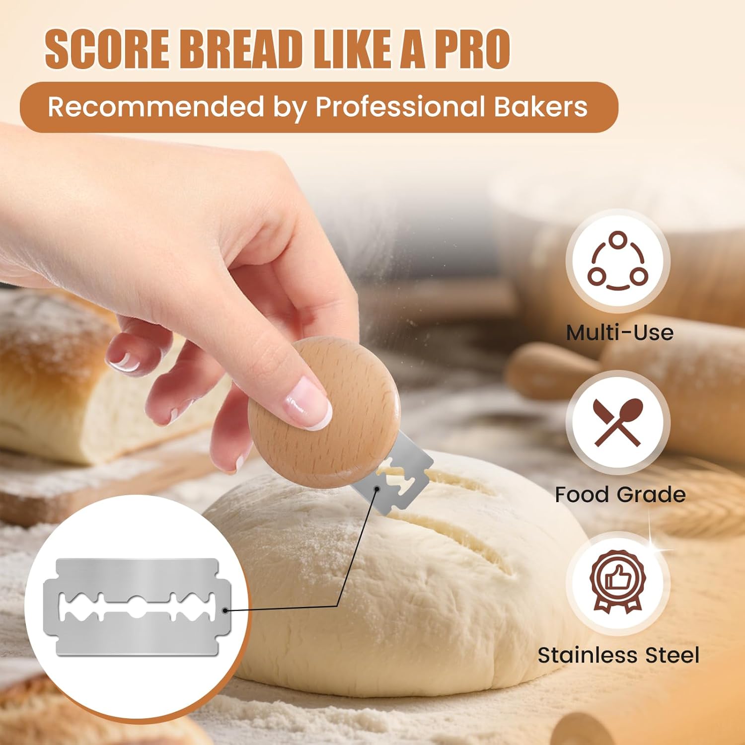 CUNSENR Bread Lame Blades Refill – Stainless Steel Scoring Blades for Perfect Bread Art, Suitable for Slicing and Scoring Sourdough, Baguettes, and More (20 Blades)