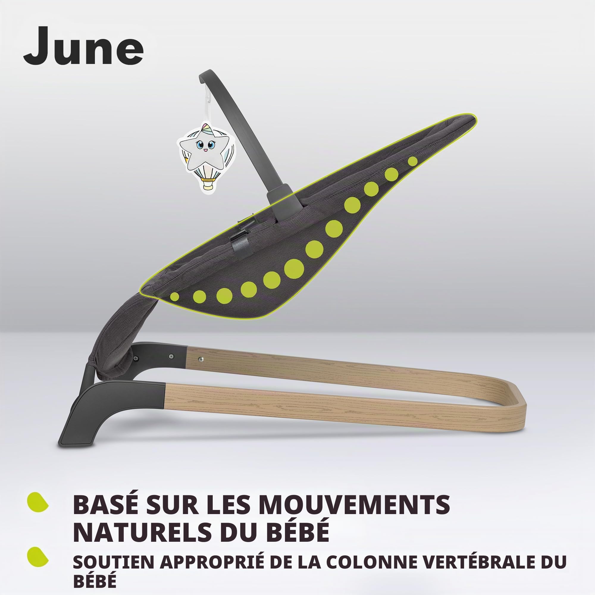 Lionelo June Transat pour nouveau-né jusqu'à 9 kg, chaise confortable avec mouvement apaisant naturel, soutien dorsal ergonomique, harnais de sécurité à 3 points, tissu doux respirant, léger et
