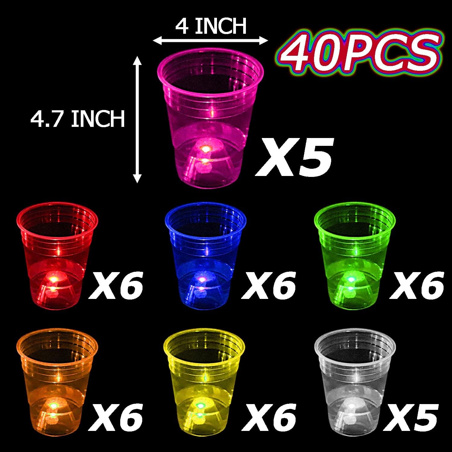 mishunyus 40 Pcs Glow Party Cups,16 oz Plastic Cup Favors for Neon Party Supplies Decoration,Glow In The Dark Cups Neon Party,20th 30th 40th 50th 60th Birthday Party, 7 Colors