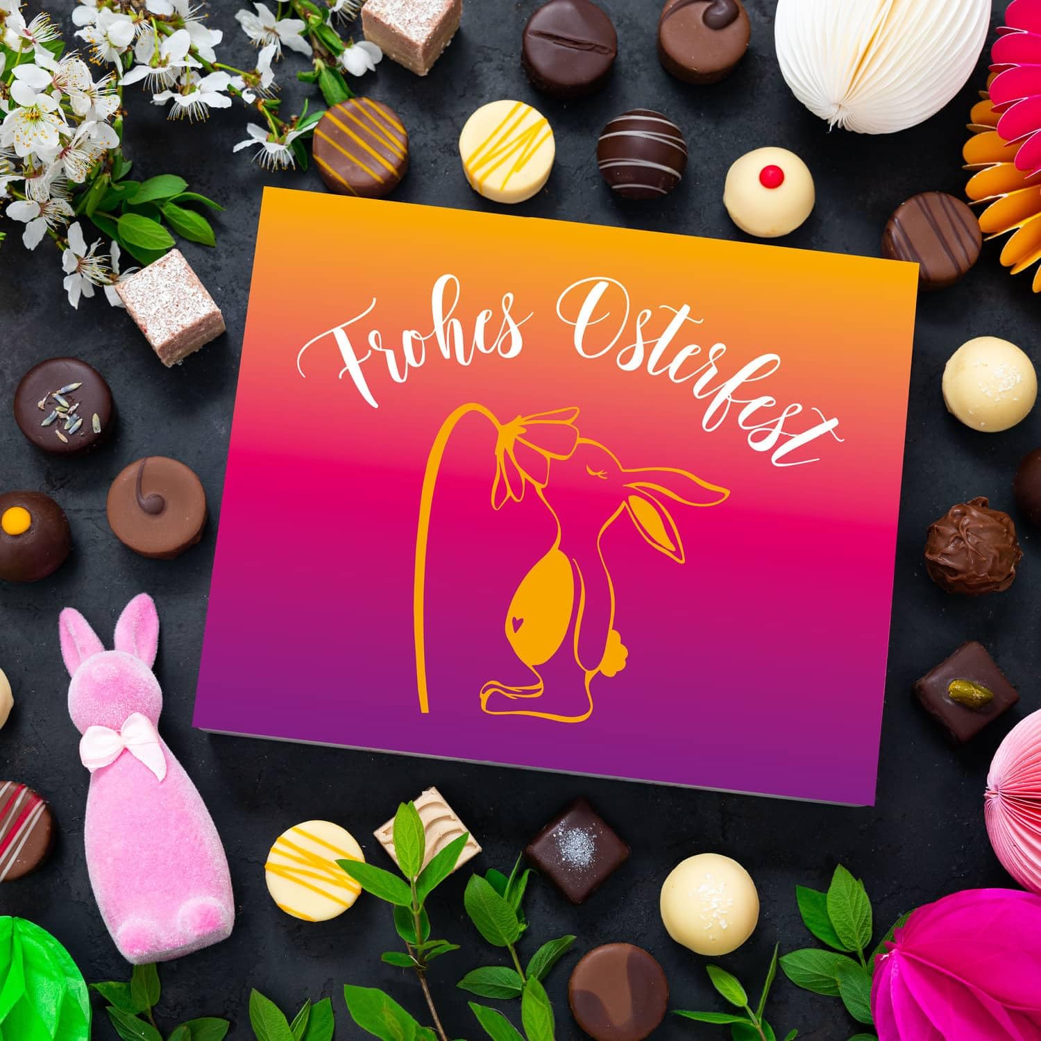 Hallingers Genuss Manufaktur Pralinen Oster-Geschenk - ohne Alkohol, handmade aus Confiserie-Edelkakao in wertiger XL-Geschenkbox ""Frohes Osterfest"", Ostern Körbchen für Frauen Männer