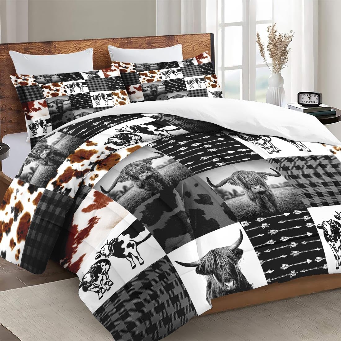 King Size Comforter Set with 2 Pillowcases, Highland Cow Print Animal 3 Pcs Bedding for Kids and Adults, Farm Black White Plaid Soft Comforter Set for Bedroom Bed Decor - Image 3