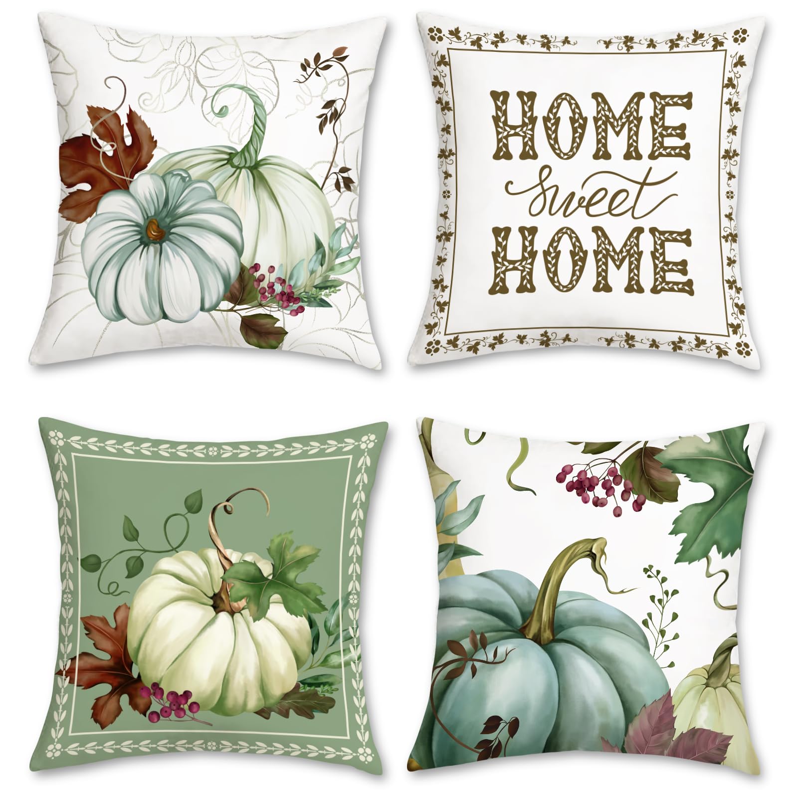 Bonhause Velvet Fall Pillow Covers 18 x 18 Inch Sweet Home Green Pumpkin Autumn Decorative Thanksgiving Throw Pillow