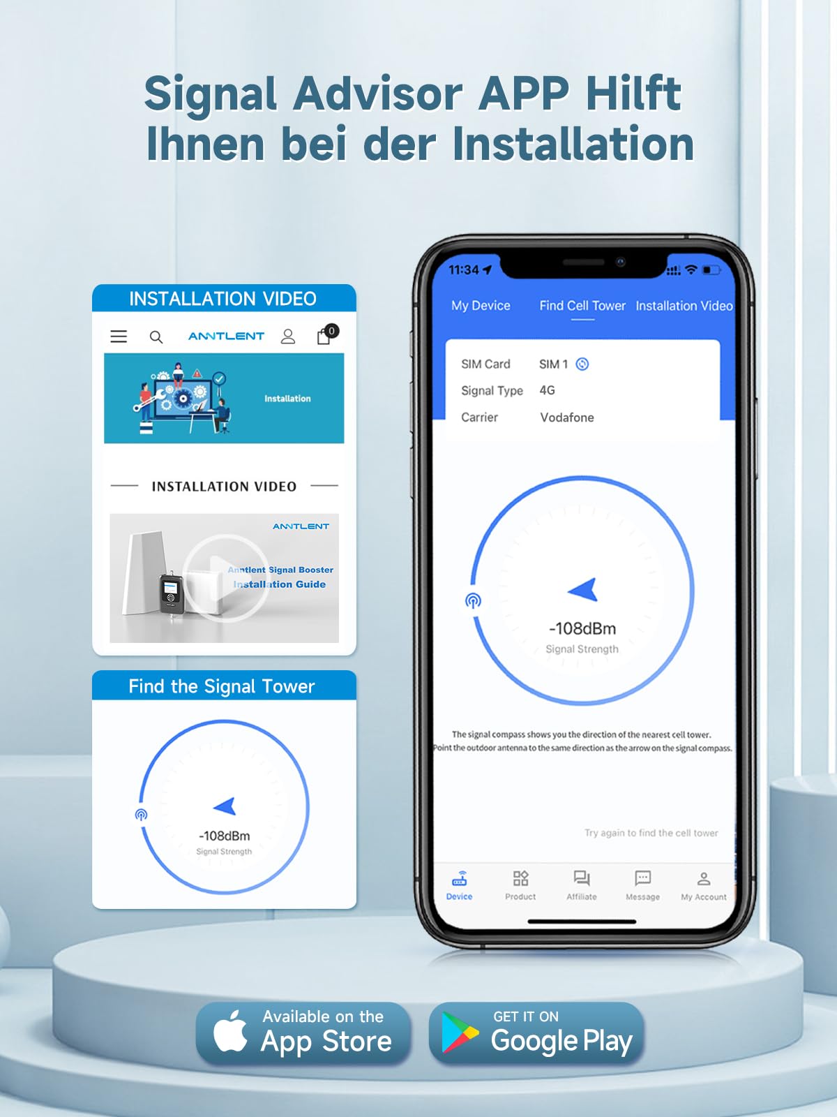 ANNTLENT LTE Verstärker Empfangsverstärker Handy mit Bildschirm Band 1/3/7/8/20 Unterstützt Alle Deutschen Betreiber O2 | 4G 3G 2G GSM Repeater 70 dB Hohe Verstärkung Einstellbar