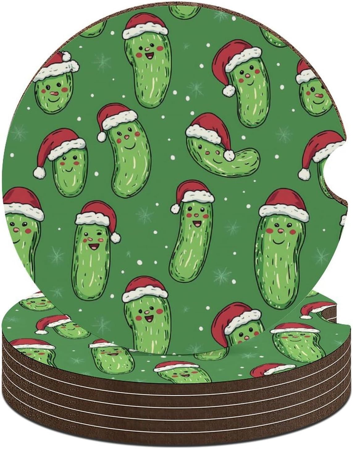 Christmas Pickle Pattern Cute Car Coasters 2.56 Inch Absorbent Cup Holder for Drinks Auto Interior Accessories