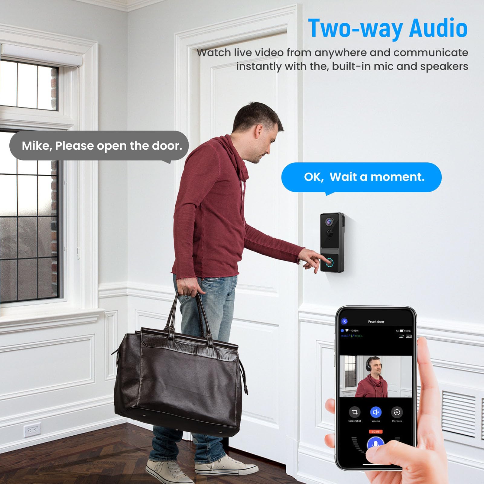 PUSOKEI Caméra de Sonnette Vidéo sans Fil, WiFi 2,4 GHz Uniquement