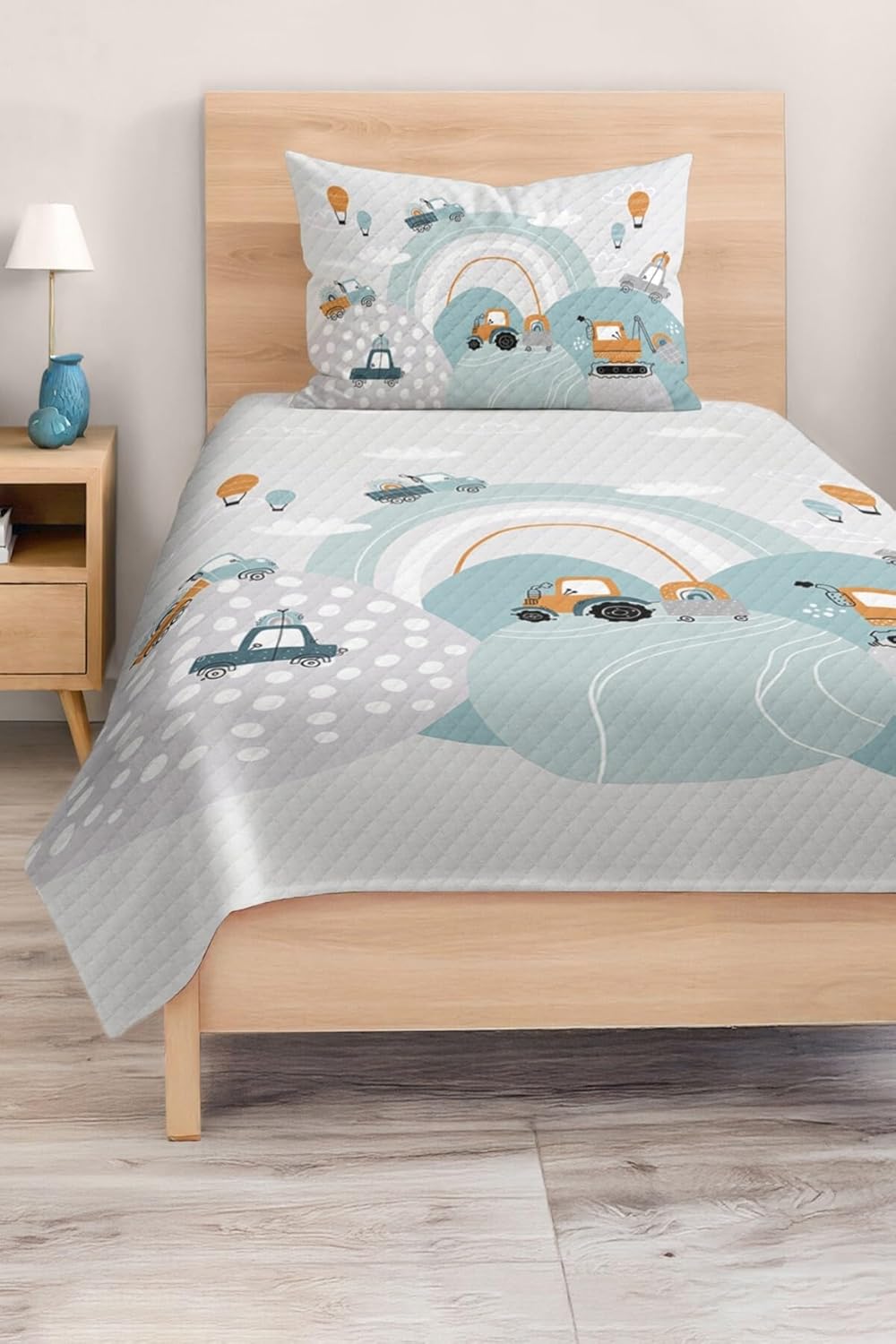 SODEF Single Size Quilt Set Car and Balloon Design Pastel Blue Yellow for Kids, Lightweight Cotton Polyester Blend, 2 Piece Set - Multicolor, One Size