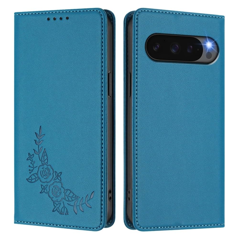 Étui Google Pixel 7 Pro bleu lac avec fermeture aimantée et fleurs - 8