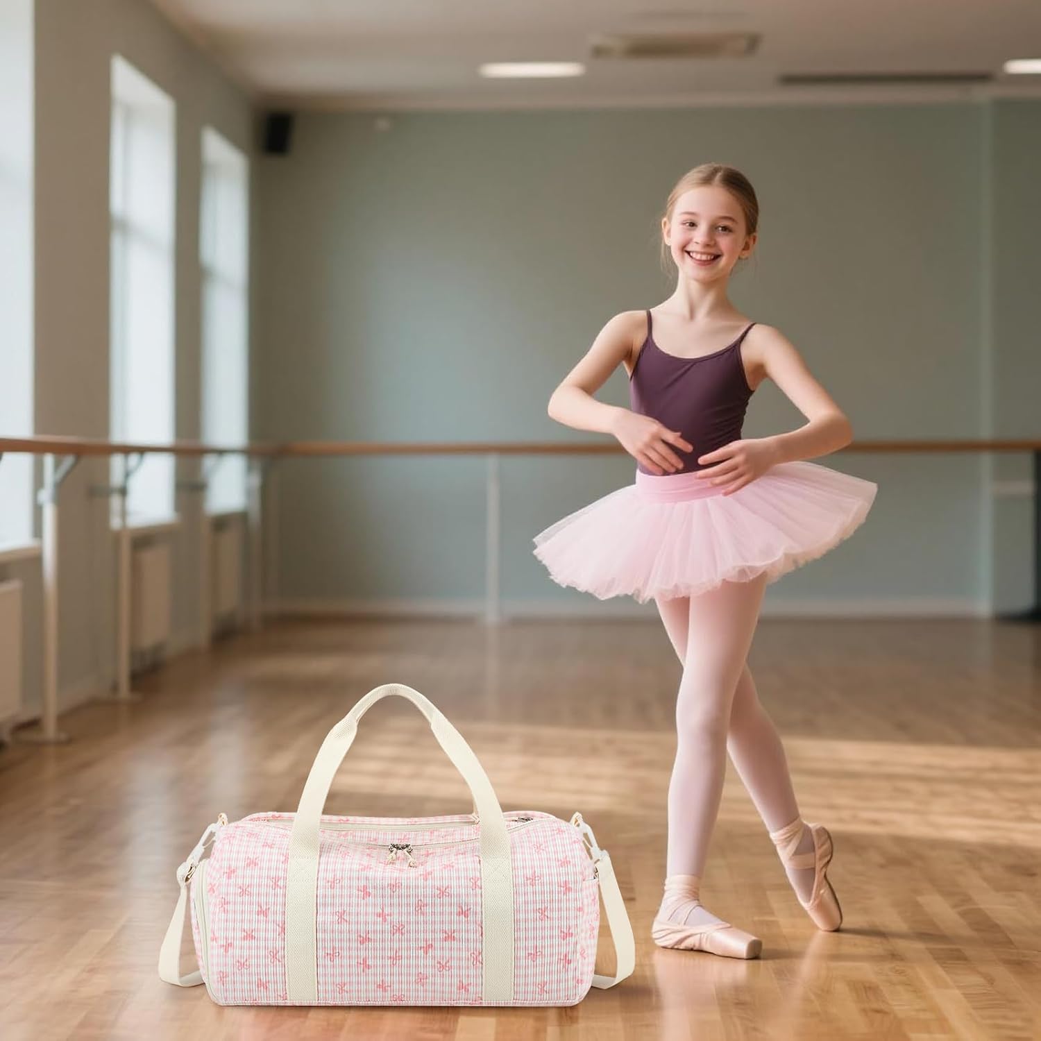 LEDAOU Kids Duffle Bag Girls Overnight Travel Sport Gym Bag Weekender Carry On Shoulder Dance Bag with Shoe Compartment & Wet Pocket (Pink Bow Checkered) - Image 2