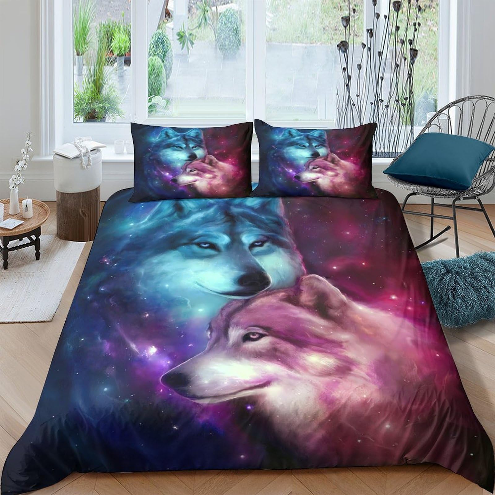 Ctjqhvkz Style-7 3D Printed Galaxy Wolf Fitted Sheet Microfiber Soft Anti-Slip Cosmic Nebula Mattress Cover Bedroom Decor Single（135X200cm）