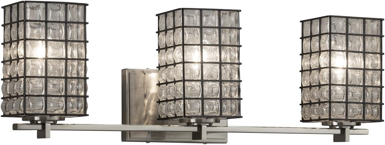 Wire Glass - Era 3-Light Bath Bar - Square with Flat Rim Wire Cage and Blown Glass Shade in Grid with Clear Bubbles - Brushed Nickel Finish