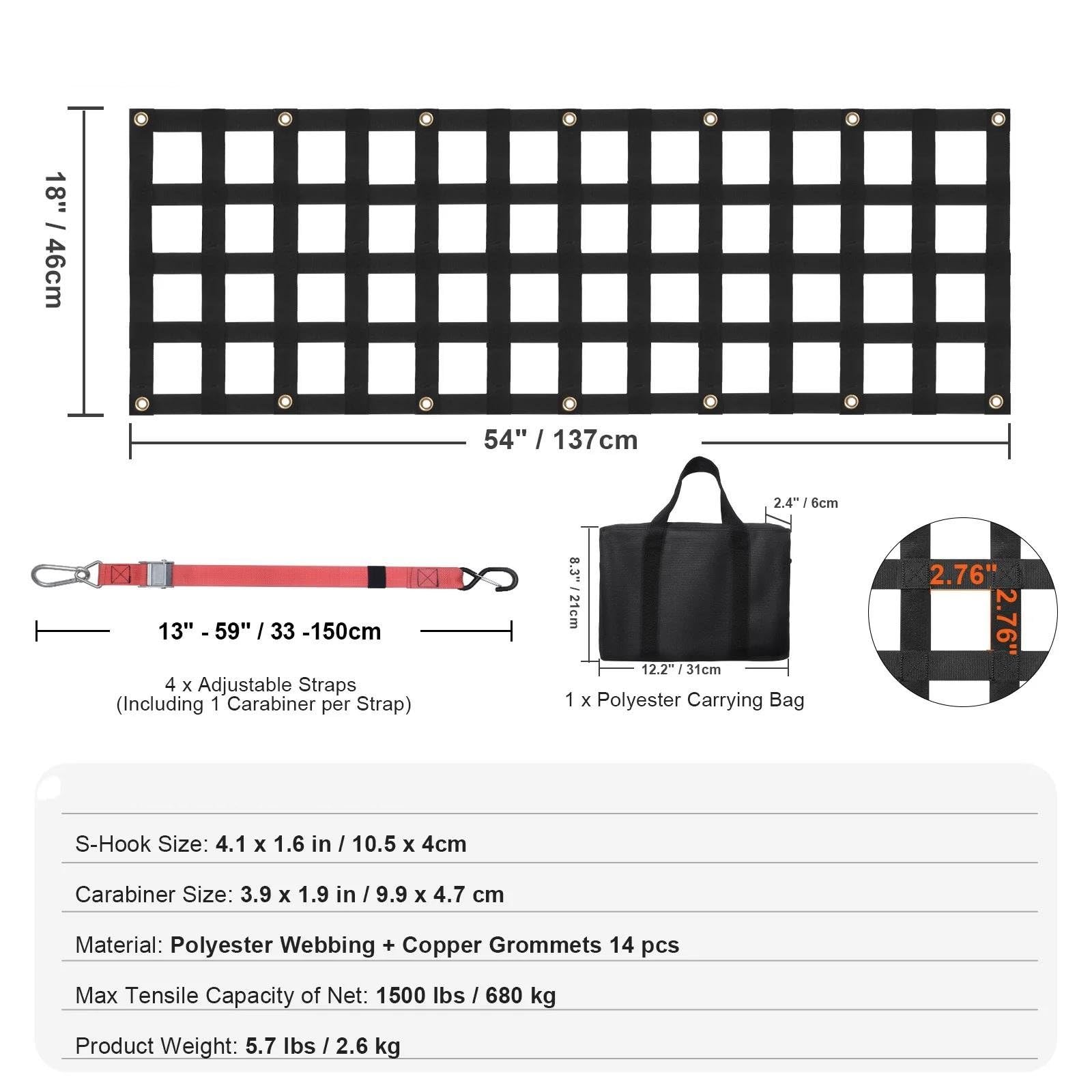 Red de Almacenamiento Red Elástica Portón Trasero Coche Organizador Almacenamiento Maletero con 4 Correas Telescópicas para Equipaje Remolque para Jeep SUV Red Maletero(54 x 18in)