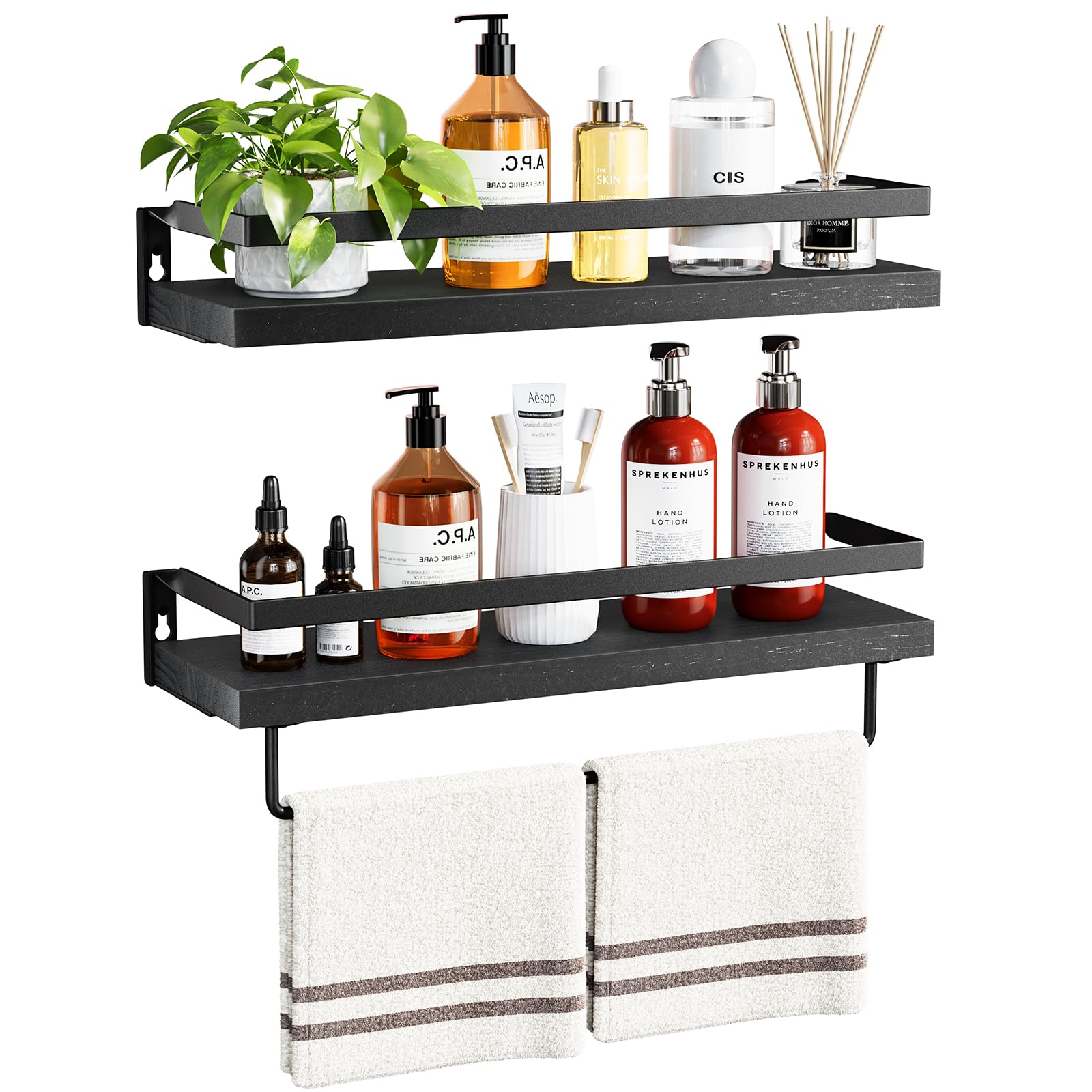 AMADA HOMEFURNISHING Bathroom Shelves with Towel Bar, Floating Shelves, Wall Shelves for Bathroom/Living Room/Kitchen/Bedroom, Black, Set of 2 -